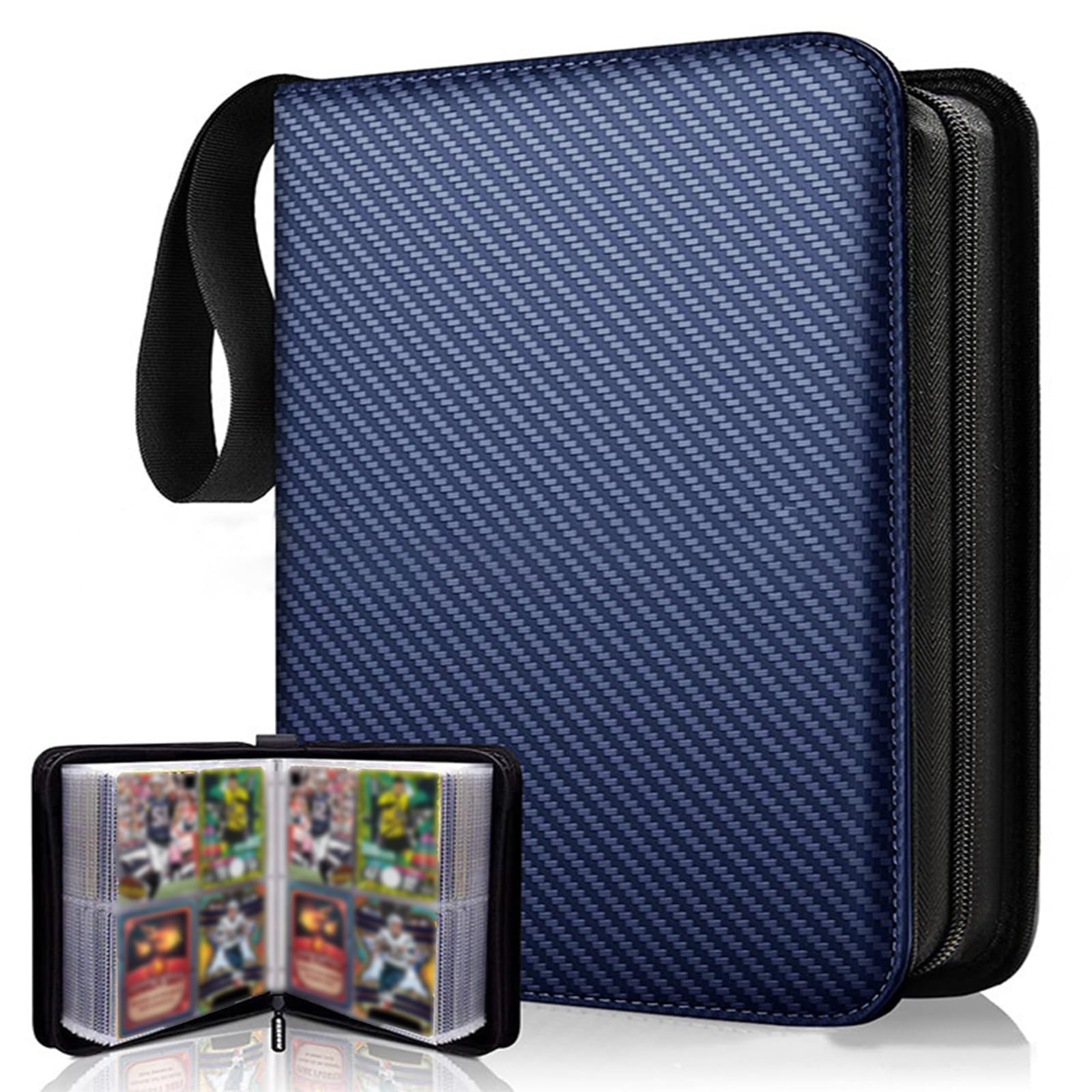 4-Pocket Trading Card Binder, 400 Pocket Cards Binder with Zip, Durable PU Album Material, 50 Top-Loading Pages Folder, Refillable Ring Binder for Collectible Games, MTG, Football, Sports (Navy Blue)