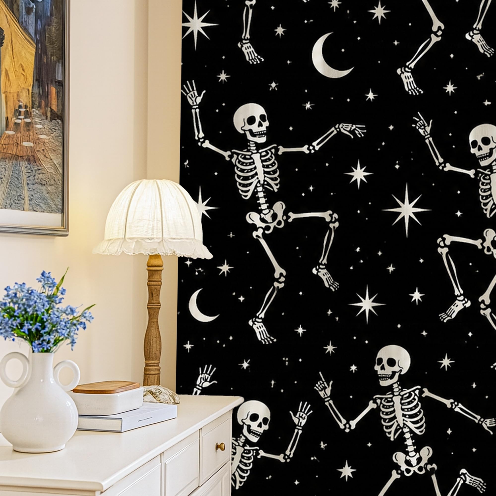 Rideaux occultants Halloween noir 132x213 cm à motifs lune et squelette pour chambre
