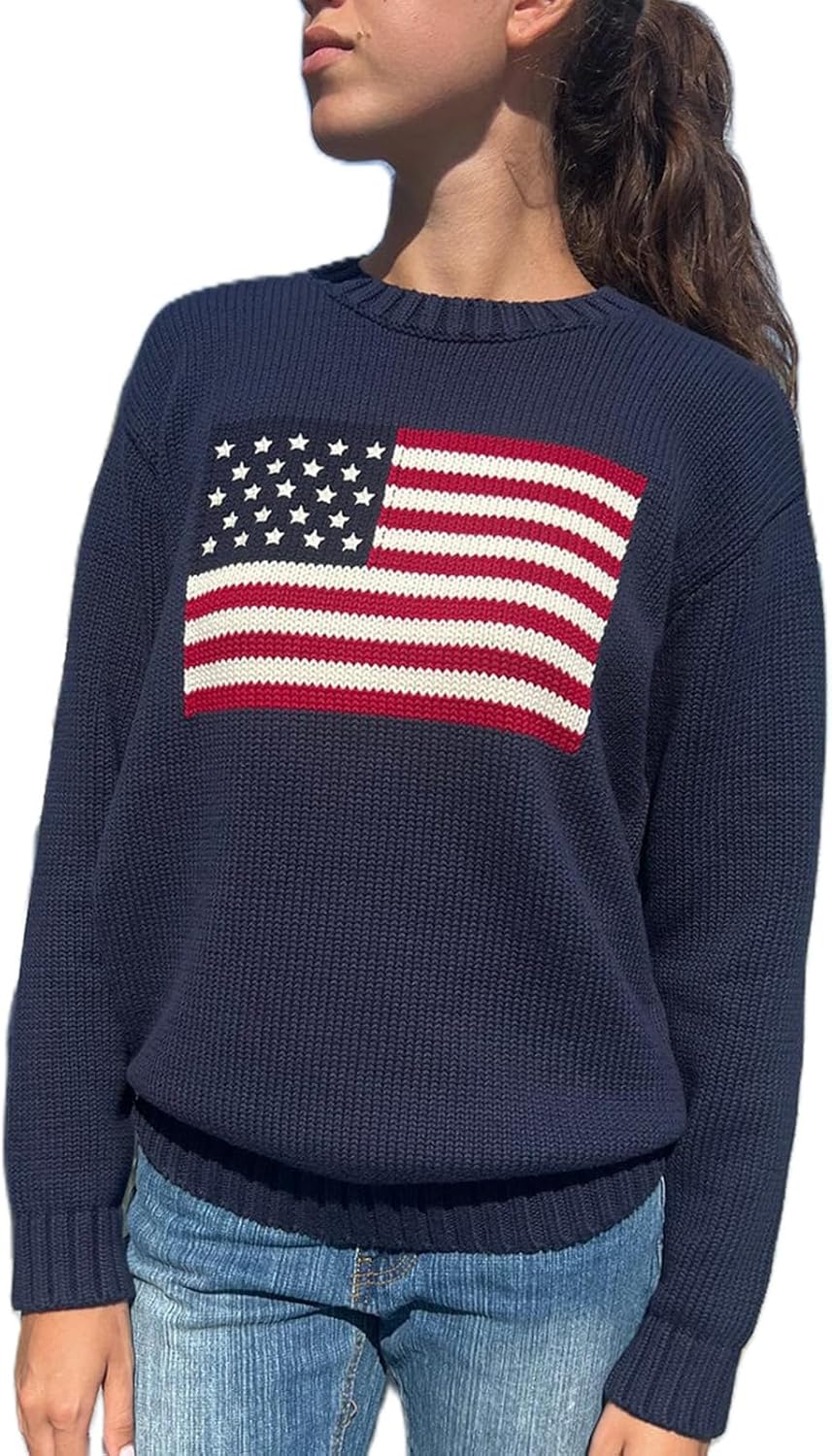 Women American Flag Sweater Long Sleeve Crew Neck Loose Fit Knit Pullover Tops USA Casual Loose Pullover Sweater
