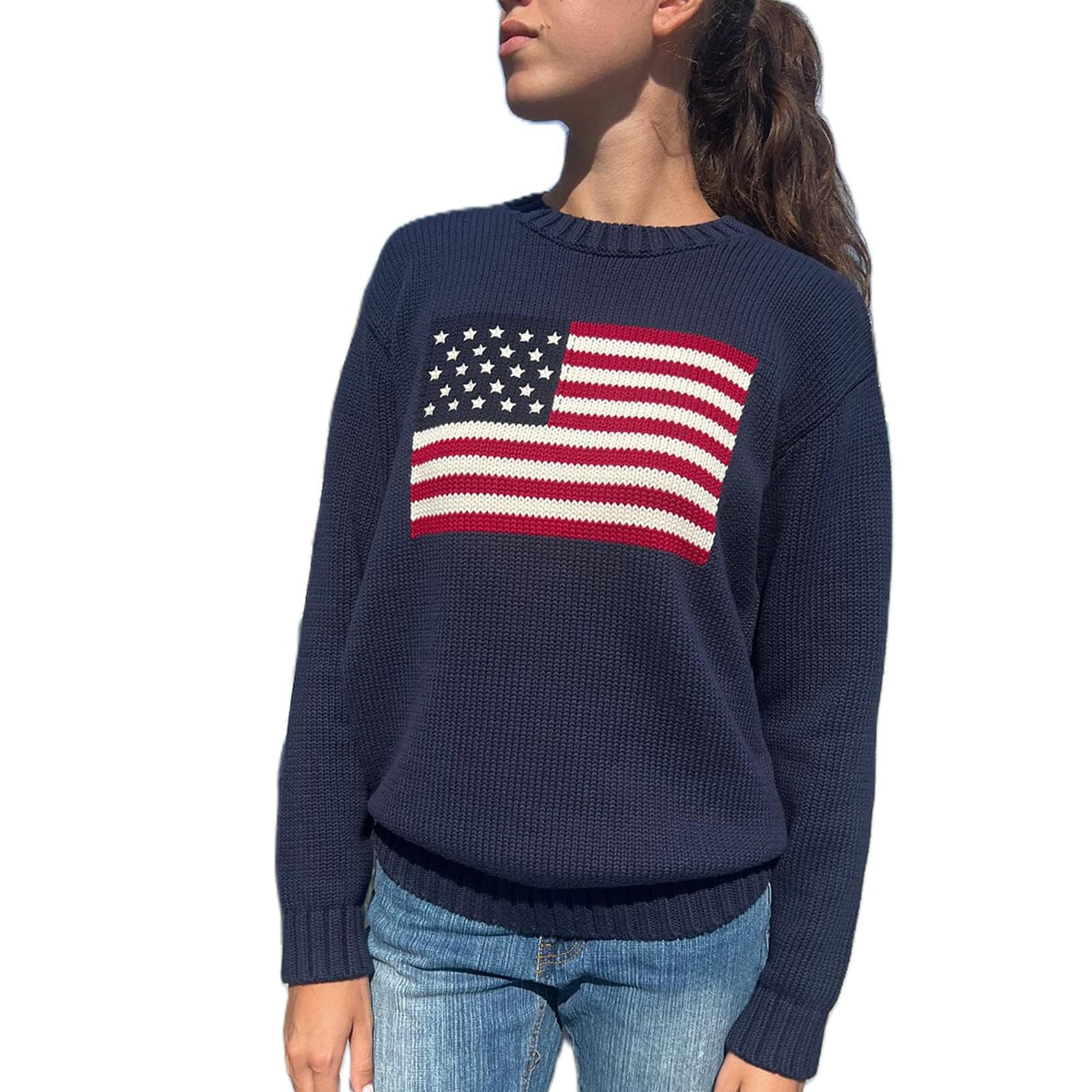 Women American Flag Sweater Long Sleeve Crew Neck Loose Fit Knit Pullover Tops USA Casual Loose Pullover Sweater