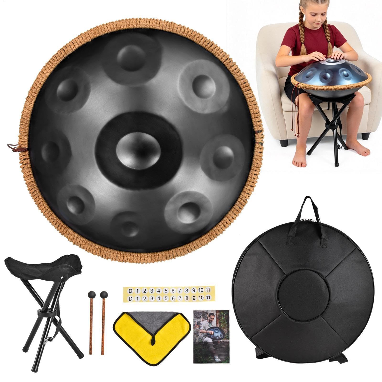18 Inch Handpan Drum, 440Hz 9 Notes G Minor, Hand Drum Instrument, Premium Steel Drums Handpan Instrument for Adults (Black)