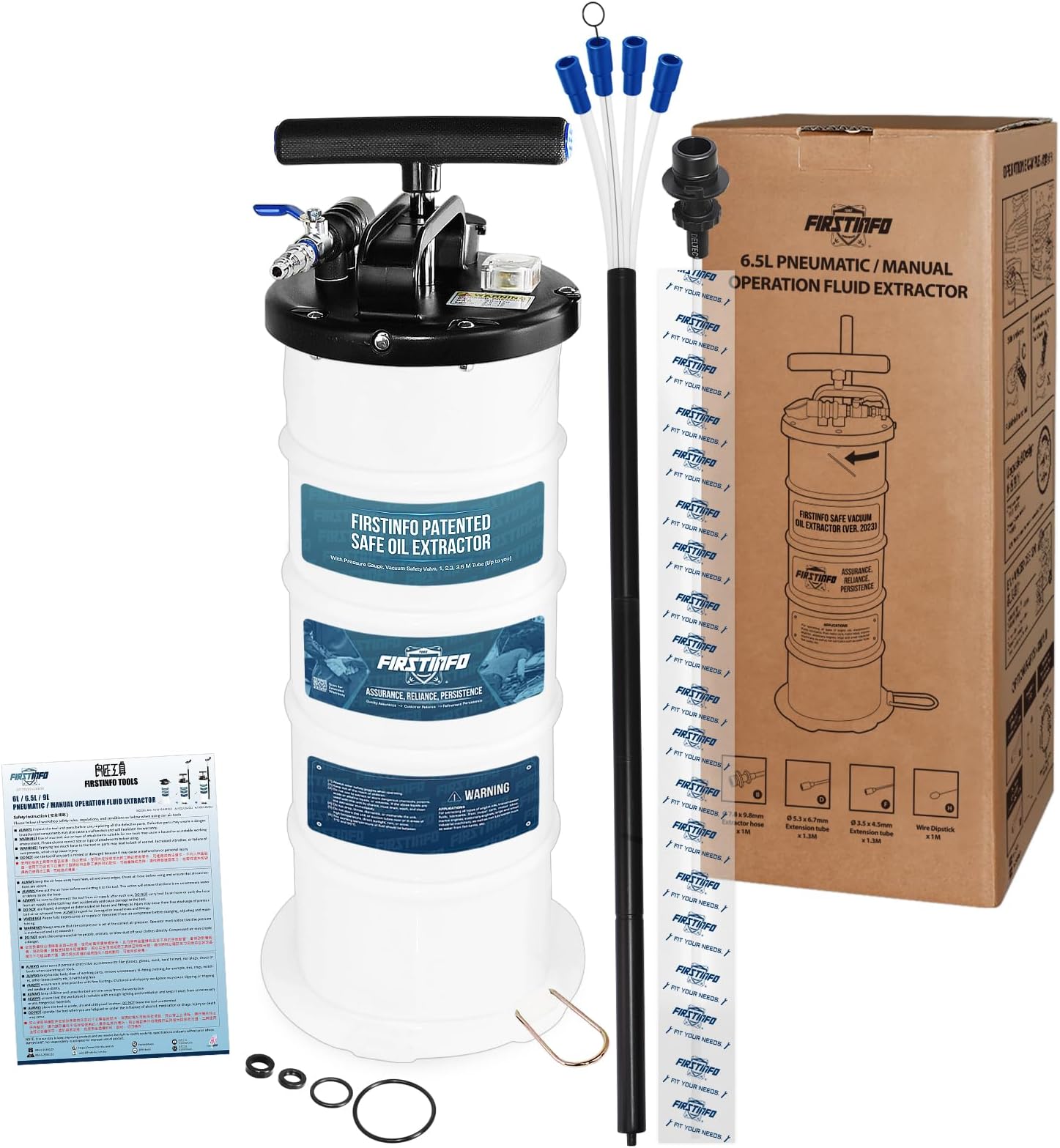 FIRSTINFO A1102USY5 Patented Third Generation 6.5L Taiwan Pneumatic/Manual Oil Vacuum Extractor | Vacuum Safety Valve | 51 Inch Tube | 5 Tubes | Thinnest Tube