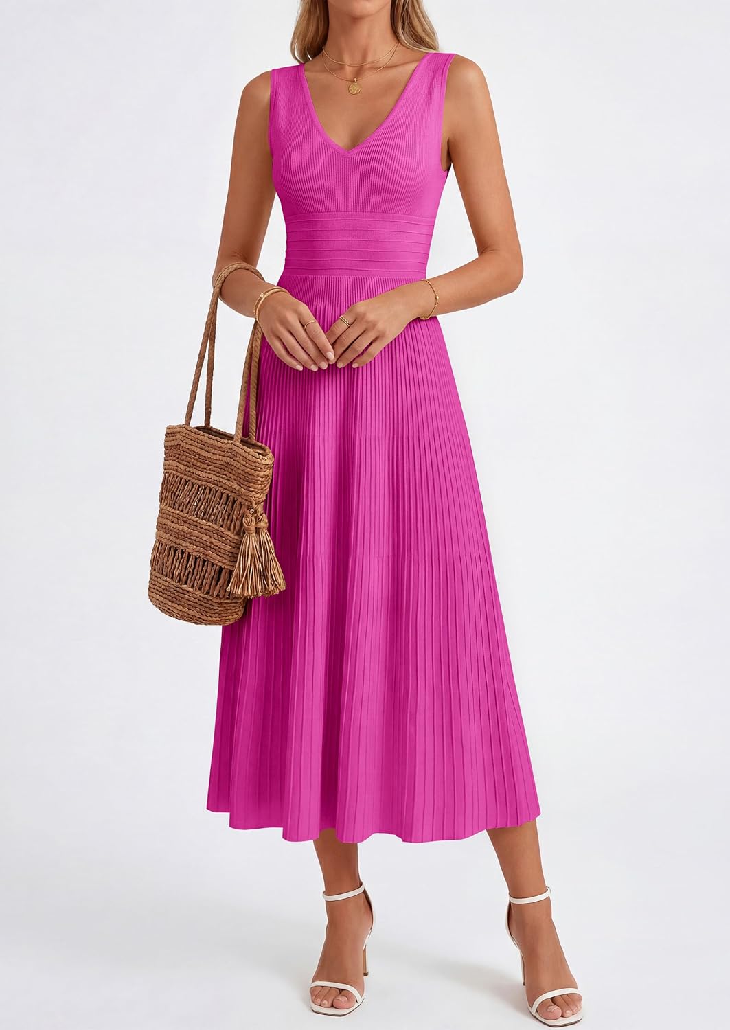  Women's Summer V Neck Pleated Midi Dress | Sleeveless A-Line Long Dresses, Elegant Semi Formal Spring Dress for Work, Wedding Guest, Cocktail, Casual Vacation Outfits thumbnail