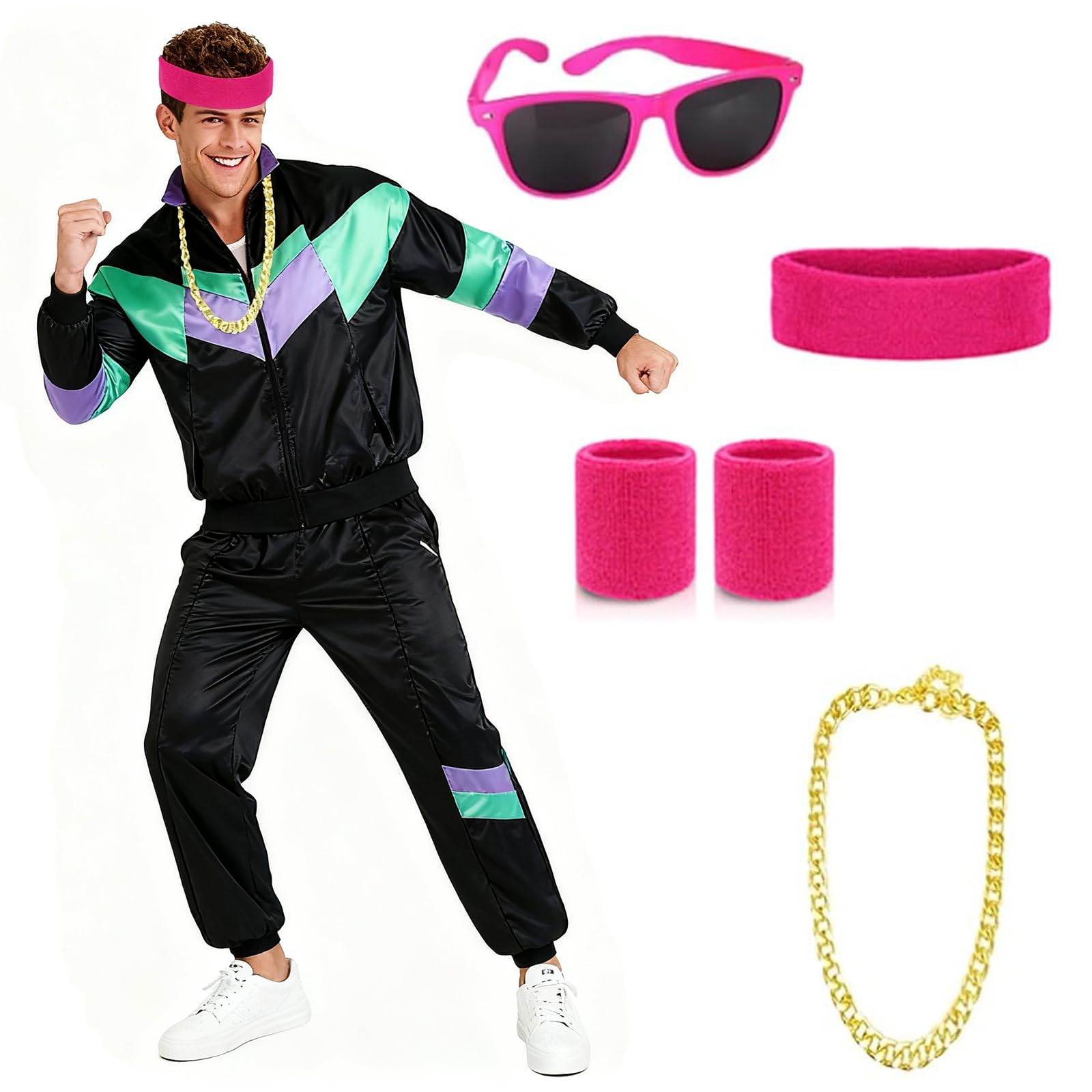 Ropa Años 80 Hombre Mujer: Carnaval Hippie Chándal Chaqueta Pantalón - Disfraz de Fiesta Disfraces para Parejas