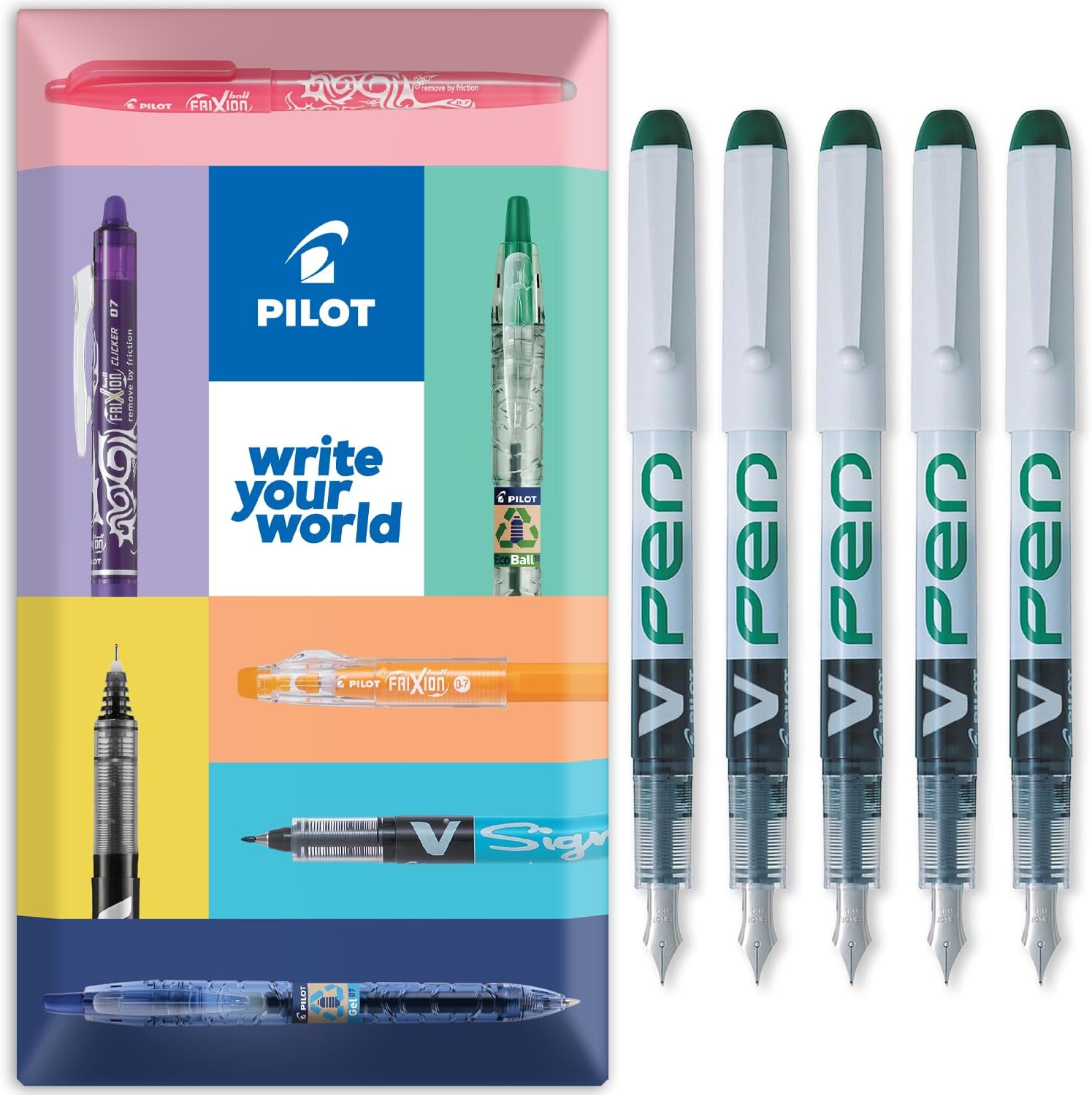 Pilot V PEN - Erasable Disposable Fountain Pen - 0.6mm Nib Tip - Medium Line - Pillow Pack of 5 - Green Ink