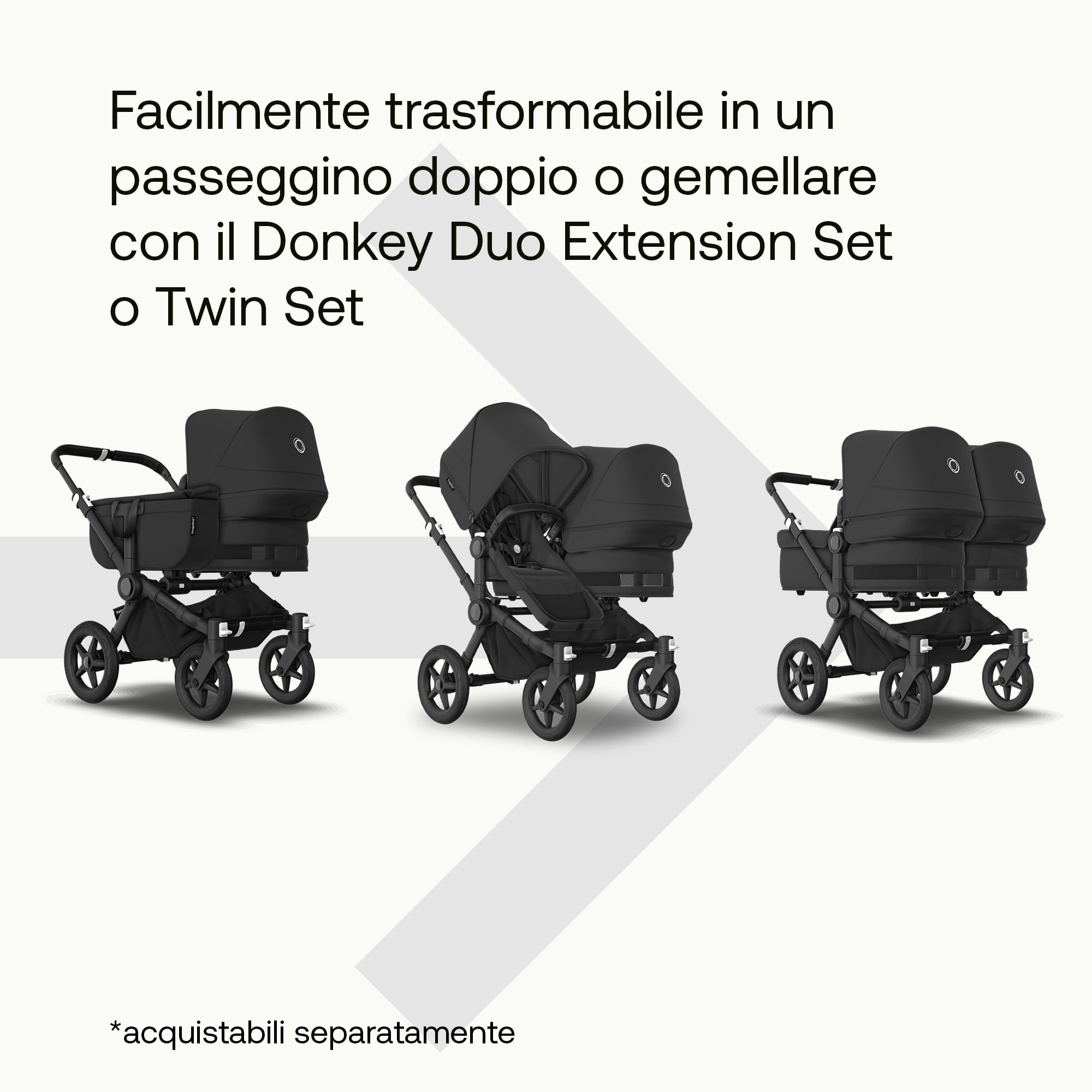 Bugaboo Donkey 5 Twin, Set di Conversione Passeggino Completo, Affiancato, Design Migliorato, Seduta Reversibile, Guida a una Mano e Archiviazione Espandibile, Midnight Black