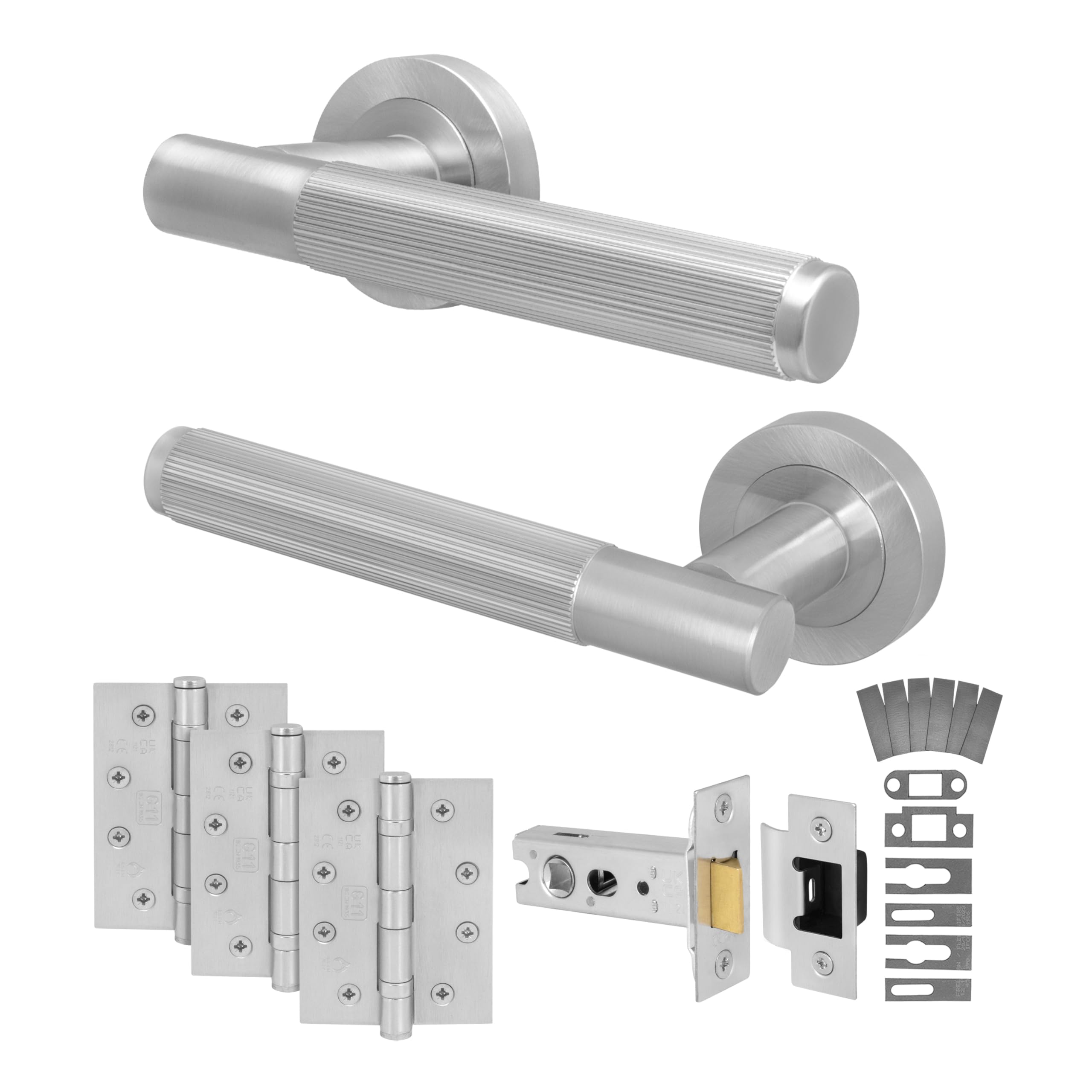 EAI Satin Fire Door Handle Latch Set, Satin Nickel Internal Fire Rated Door Handle with 76mm Latch and 102mm Hinges, Oruro Range 1 Pack