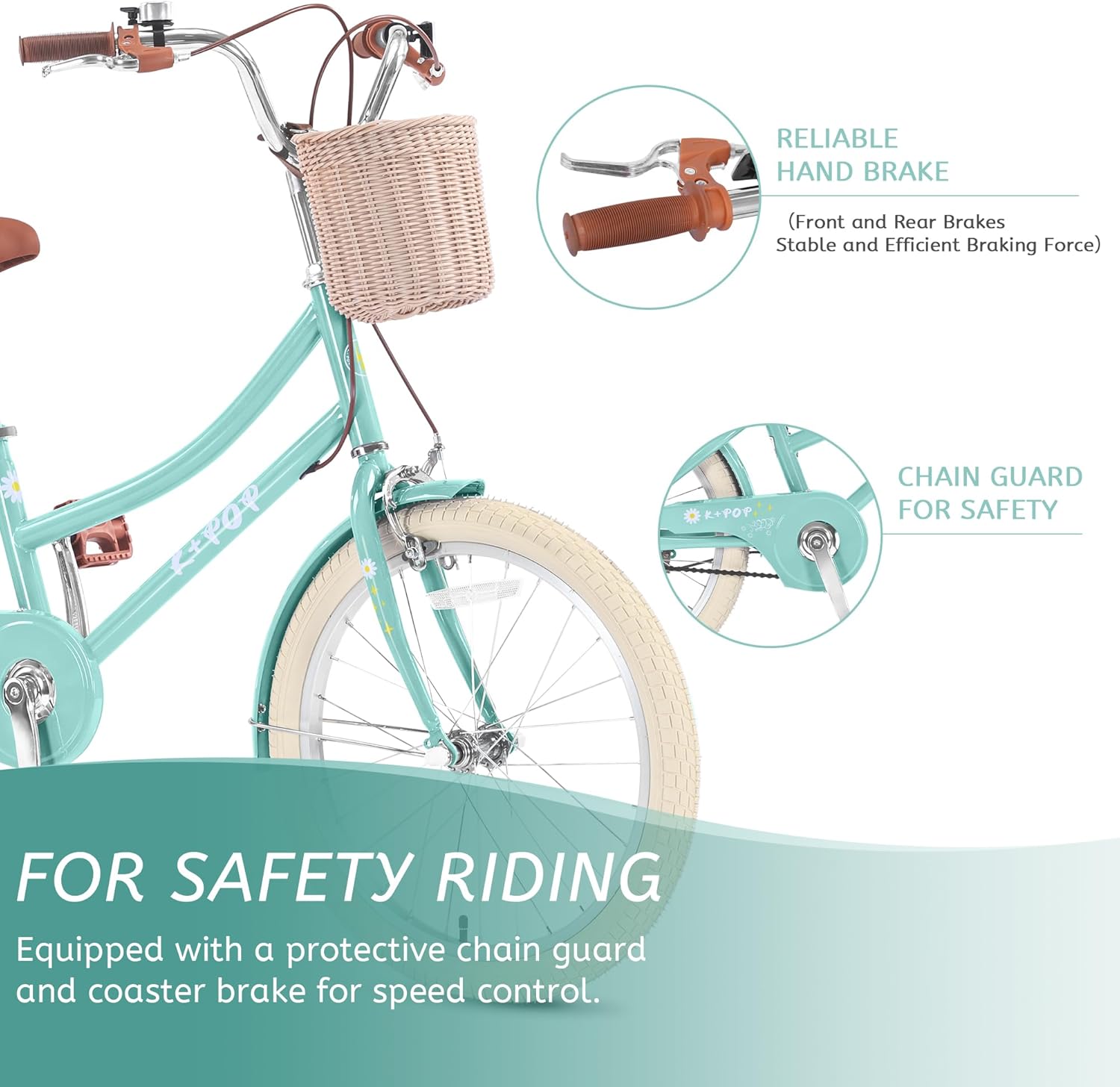 Girls Bike with Basket, 20 Inch Kids Retro Cruiser Bike for Ages 7-13 Princess Girls Children Bikes Single Speed Kids' Bicycles,Front V-Type & Rear Reverse Brake