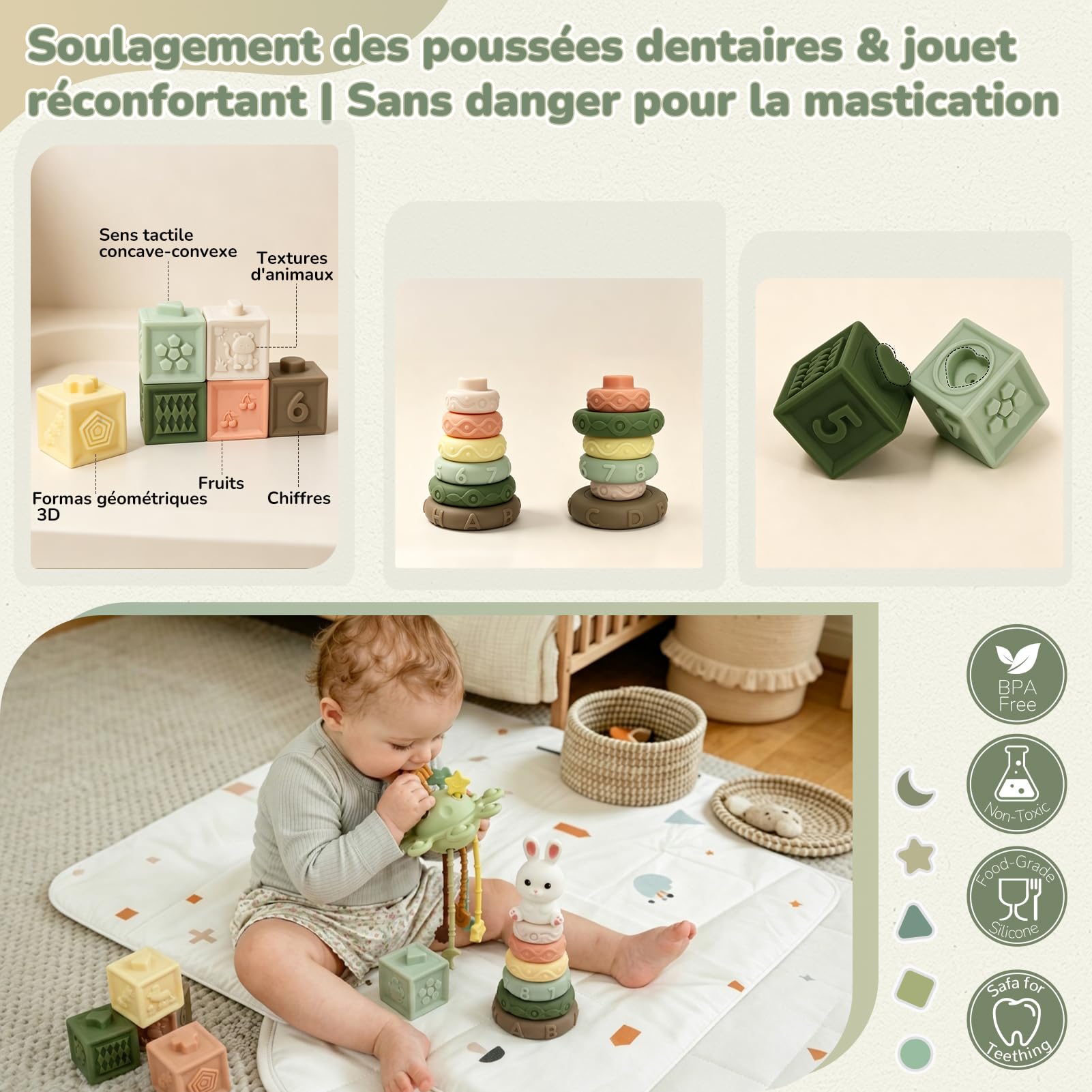 5 en 1 Jouet Bébé 6 Mois Montessori – Jeux d’éveil 6-12 Mois avec Trieur de Formes, Boîte à Mouchoirs, Empilement | Jouet Sensoriel Cadeau pour Enfants 7 8 9 Moiss(5-en-1)