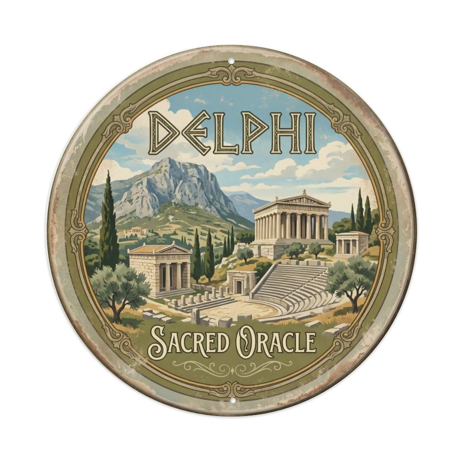 Vintage Travel Delphi Oracle Sanctuary Metal Tin Sign Plaque Wall Decor for Cafe, Club Bar, Office, Home Garden Round Metal Poster 8x8Inch