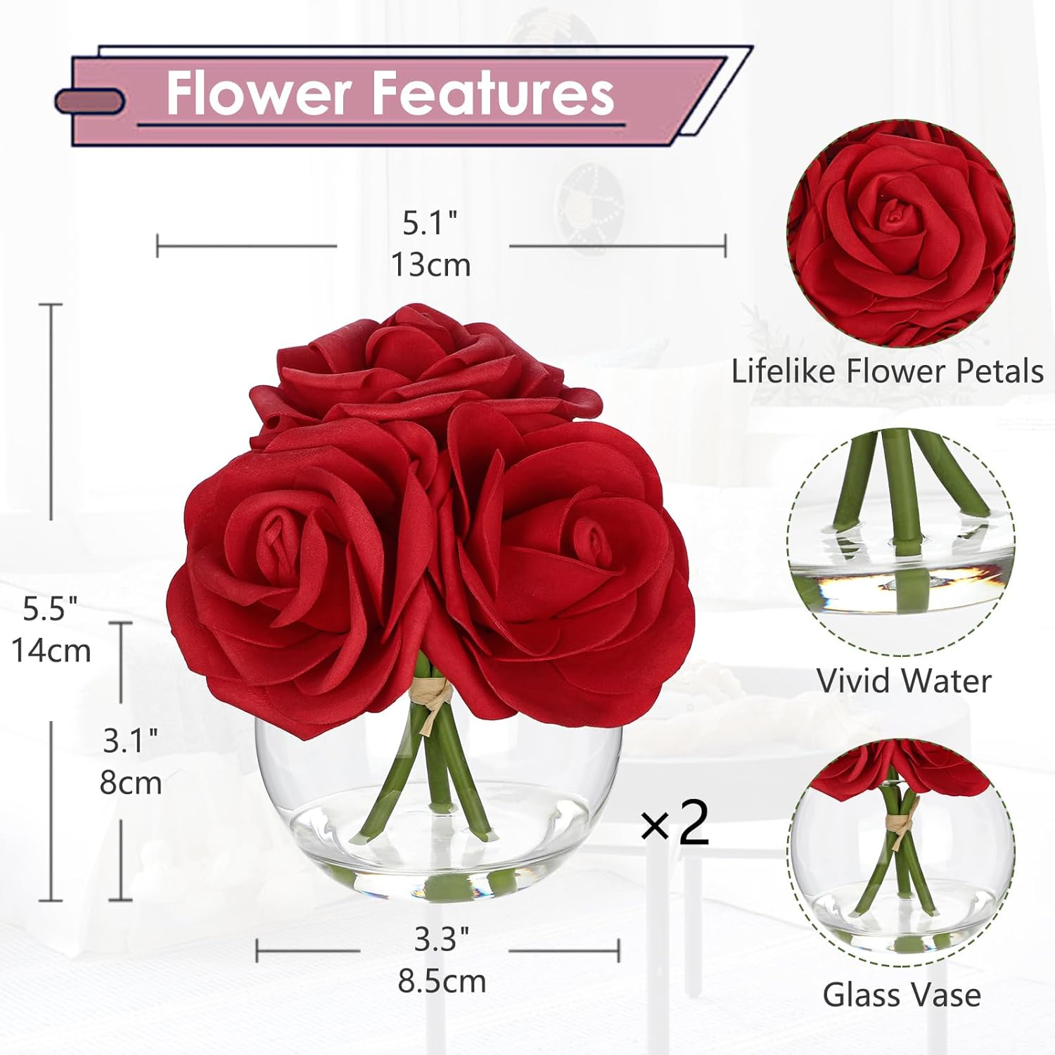 Hollyone 2Pcs Red Roses Artificial Flowers in Vase Small Silk Fake Rose Bouquet Flowers Floral Arrangements with Glass Vase with Faux Water for Home Bathroom Office Table Centerpiece Decorations