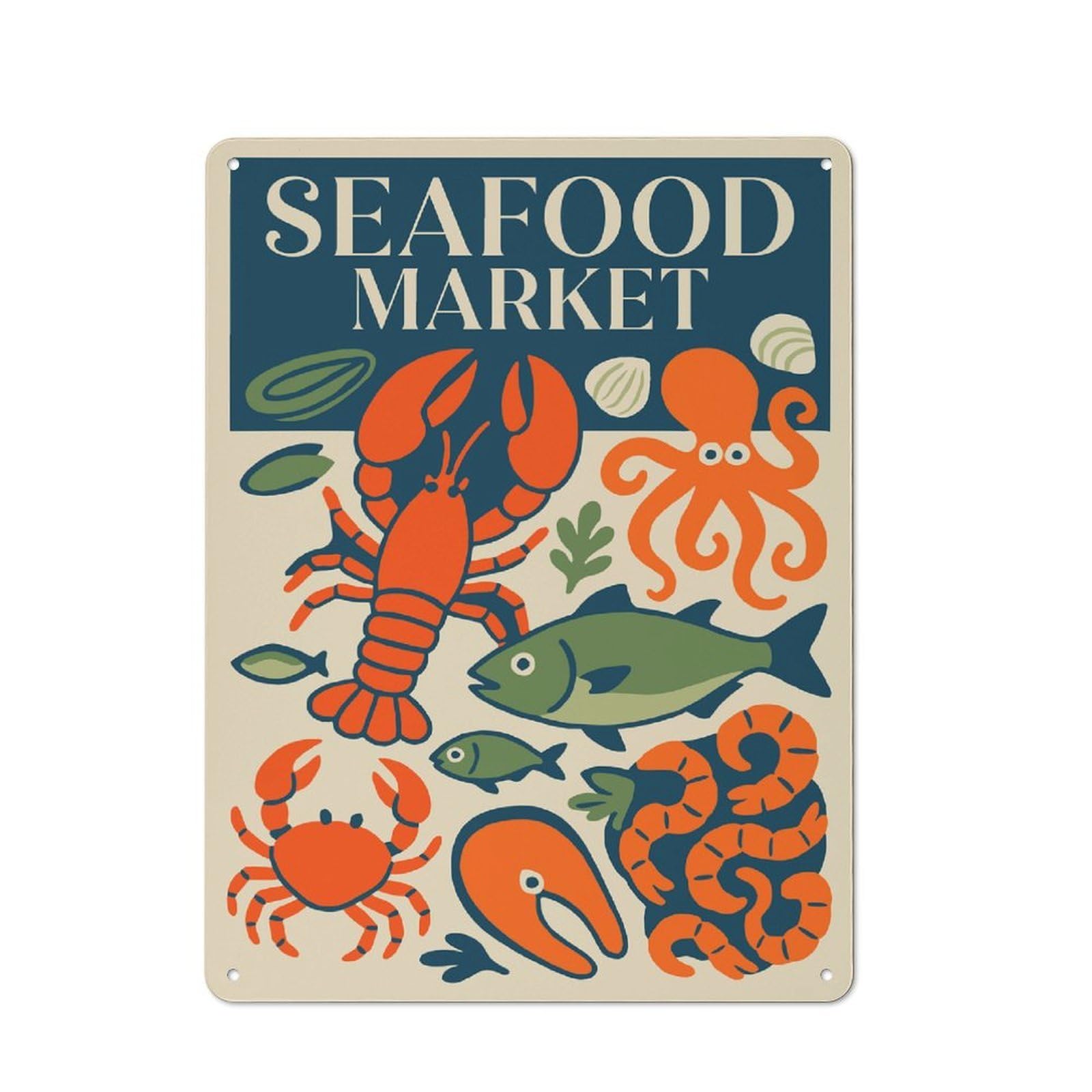 Junmoney Style-1 Tin Wall Plaque 40X30cm With Seafood Market Illustration For Hallway Wall, A Decorative Metal Sign For Hallways And Entrance Areas