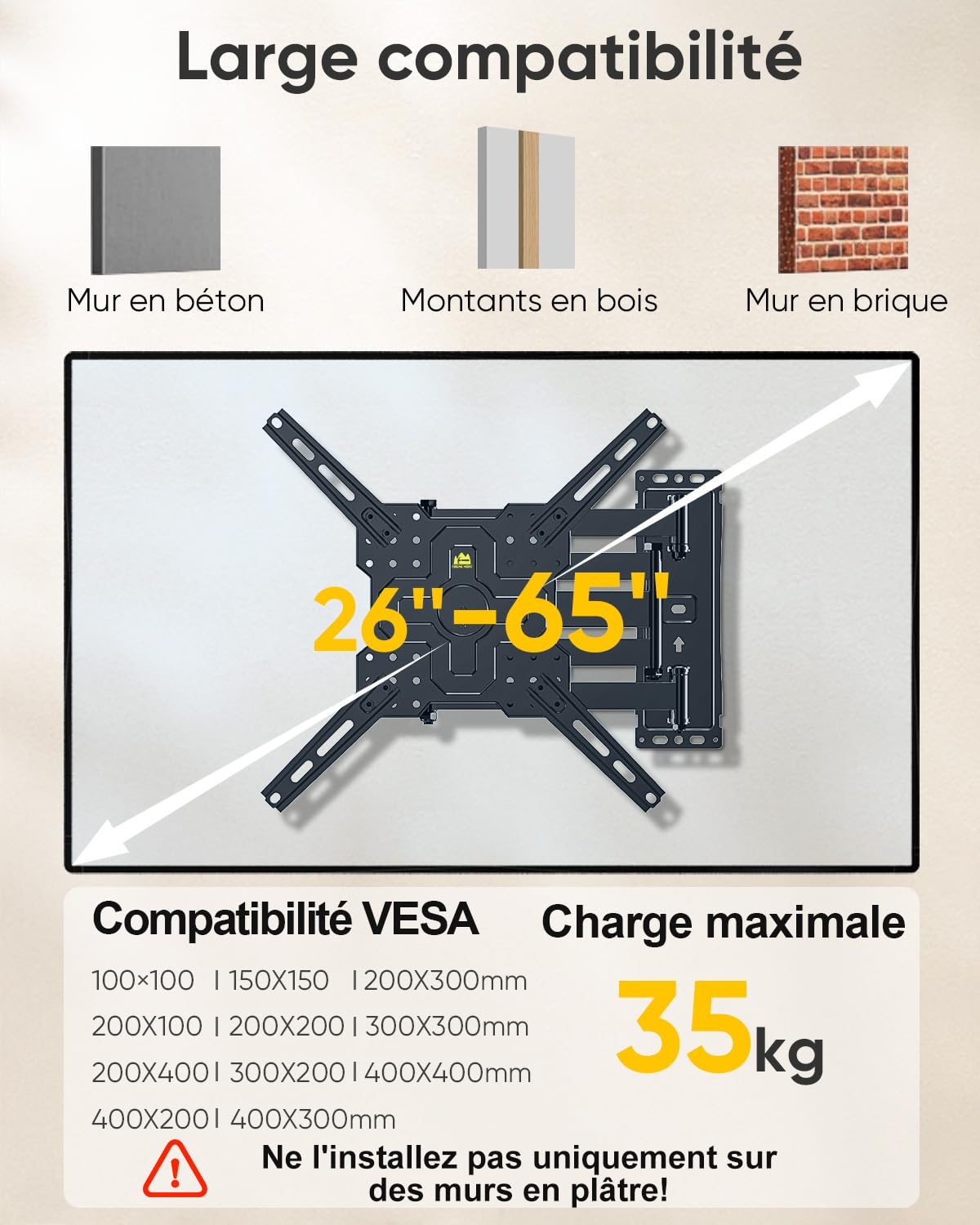 FORGING MOUNT Support Mural TV à Longue portée Support TV d'angle pour TV de 26 à 65 Pouces, Bras Extensible de 1035 mm avec Fixation Murale TV Paysage ou Portrait, VESA Max 400x400mm, jusqu'à 35kg
