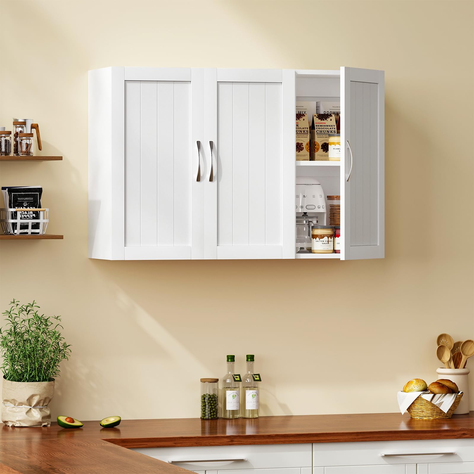 Sweetcrispy Hängeschrank Badezimmer, schmaler Wand-Organizer mit verstellbaren Regalböden, für Bad/Küche/Waschraum/Flur, Weiß, 90x30x60cm
