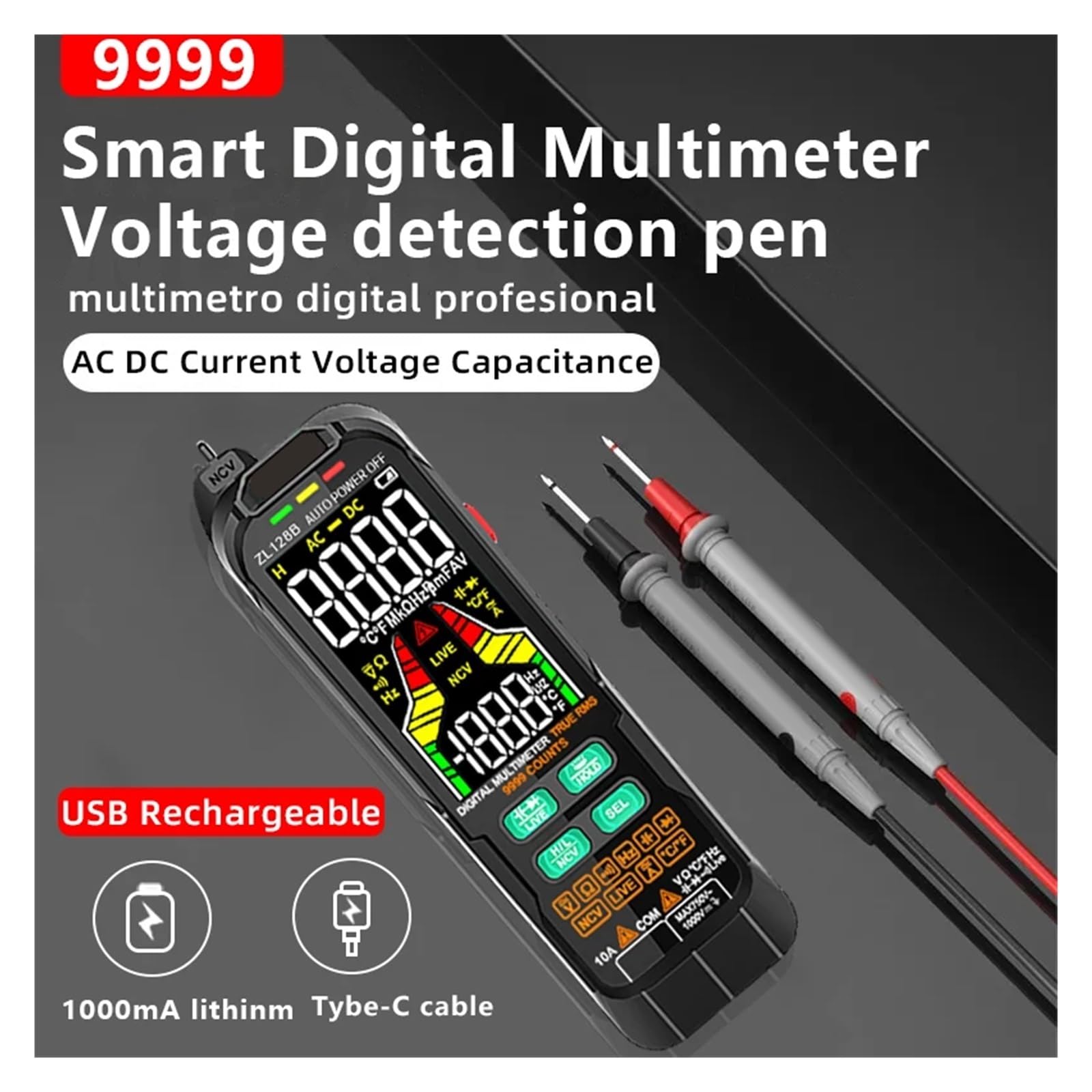 Multimetr cyfrowy 9999 punktów, kolorowy wyświetlacz T-RMS, tester napięcia DC/CA, test pojemności, test diod, test NCV/Hz, tester drutu pod napięciem (liczba ZL128A 9999)