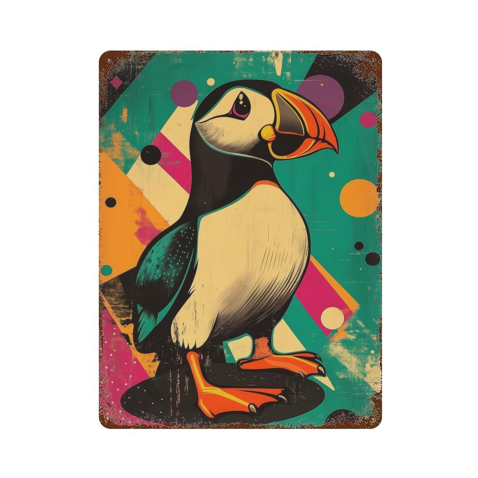 Retro Puffin Illustration Vibrant Puffin Pop Art Aged Metal Wall Plaque 15.7"x11.8", for Shed, Workshop And Garage Wall Decor, Old School Wall Decor
