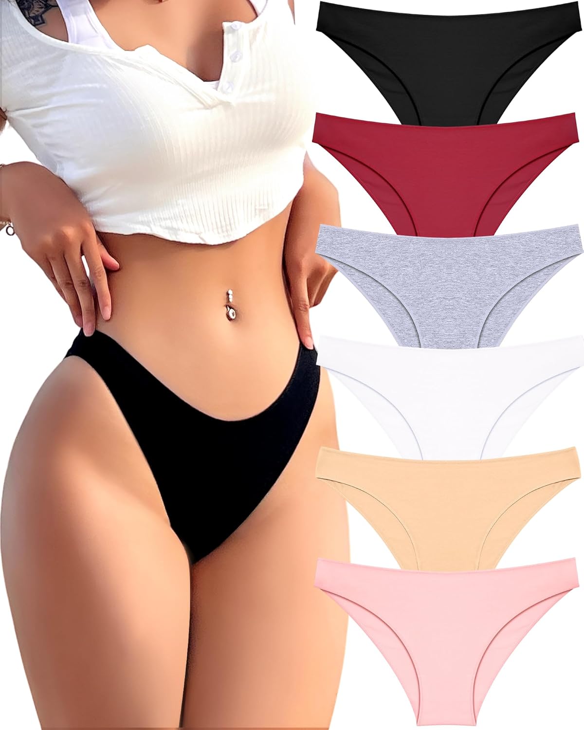 FINETOO 6 Pack Cotton Underwear for Women Cute Low Rise Bikini Panties High Cut Breathable Sexy Hipster Womens