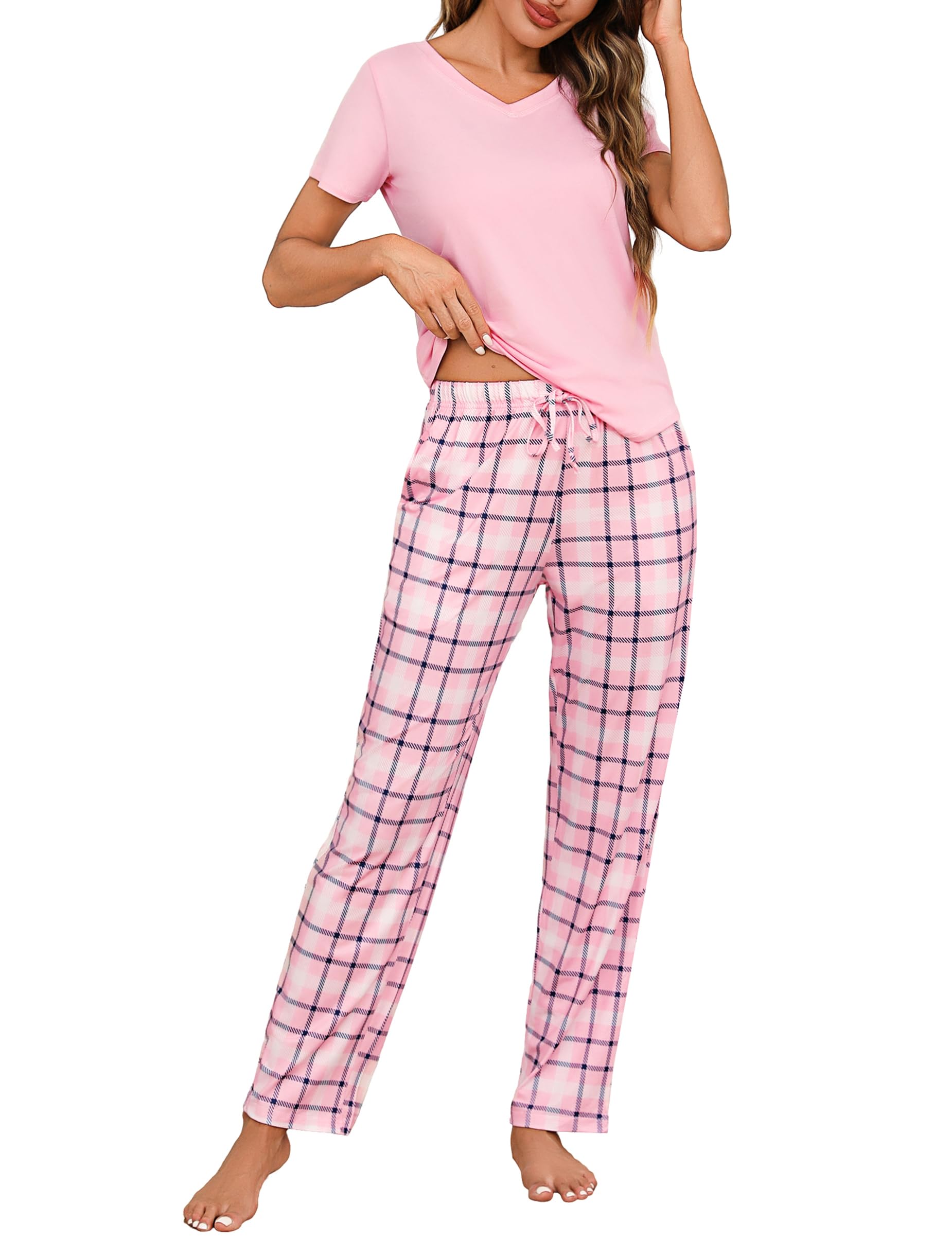 Bresdk Schlafanzug Damen Baumwolle Zweiteilig Pyjama Set mit Kurzarmshirt & Lang Schlafanzughose Komfort Nachtwäsche Loungewear für Frauen