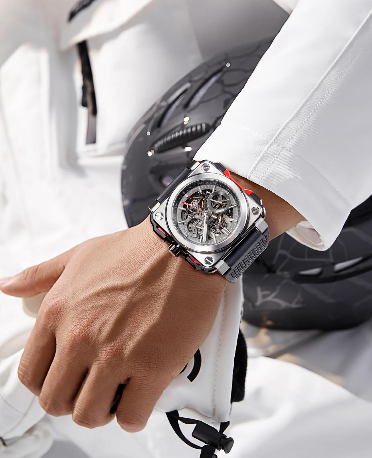 FEICE FM507 Eckige Herren Armbanduhr Mechanische Automatik Herrenuhr | Automatische Mechanische Uhr Schwarz, Saphirglas, Graviertes Schwarzes Zifferblatt, Leuchtzeiger, Wasserdicht bis 10 ATM