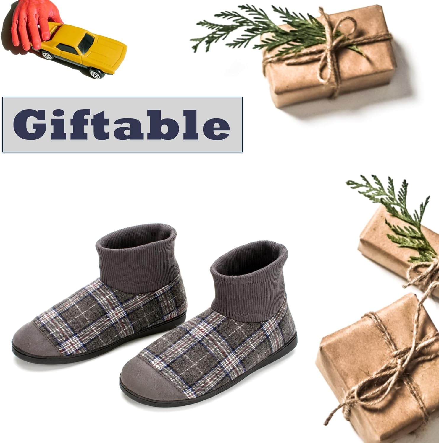 Cozylook Men's Slippers with Knitted Cuff Cozy Memory Foam Non-slip Indoor Outdoor Slipper Socks with Rubber Sole Gray Checkered Size 10-11 - Image 2