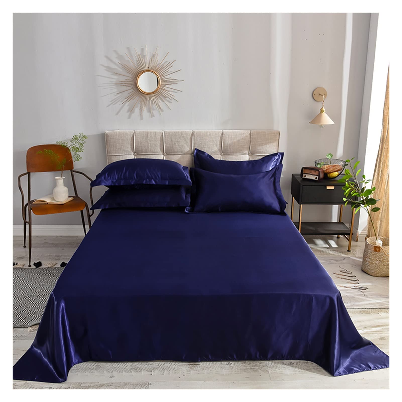 Drap Plat En Soie Glacée 170x230 Cm - Tissu Frais Été - Satin Lisse - Housse De Lit Supérieure - Couleur Balilan (Pas De Taie D'Oreiller)