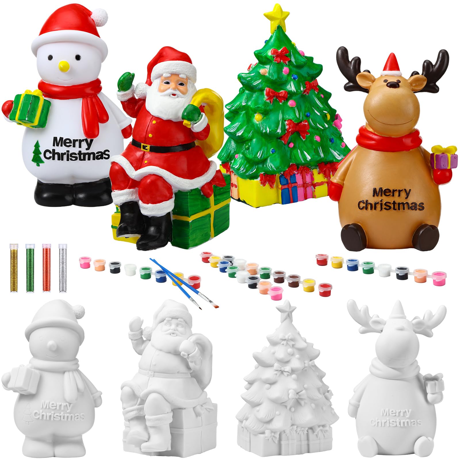 Poen 4 Sets 7 Inch Christmas Paint Craft Kit with Painting Supply, Santa Snowman Tree Elk Figurines Unpainted Christmas Art Ornaments DIY for Kids Girls Boys Xmas Favors Party