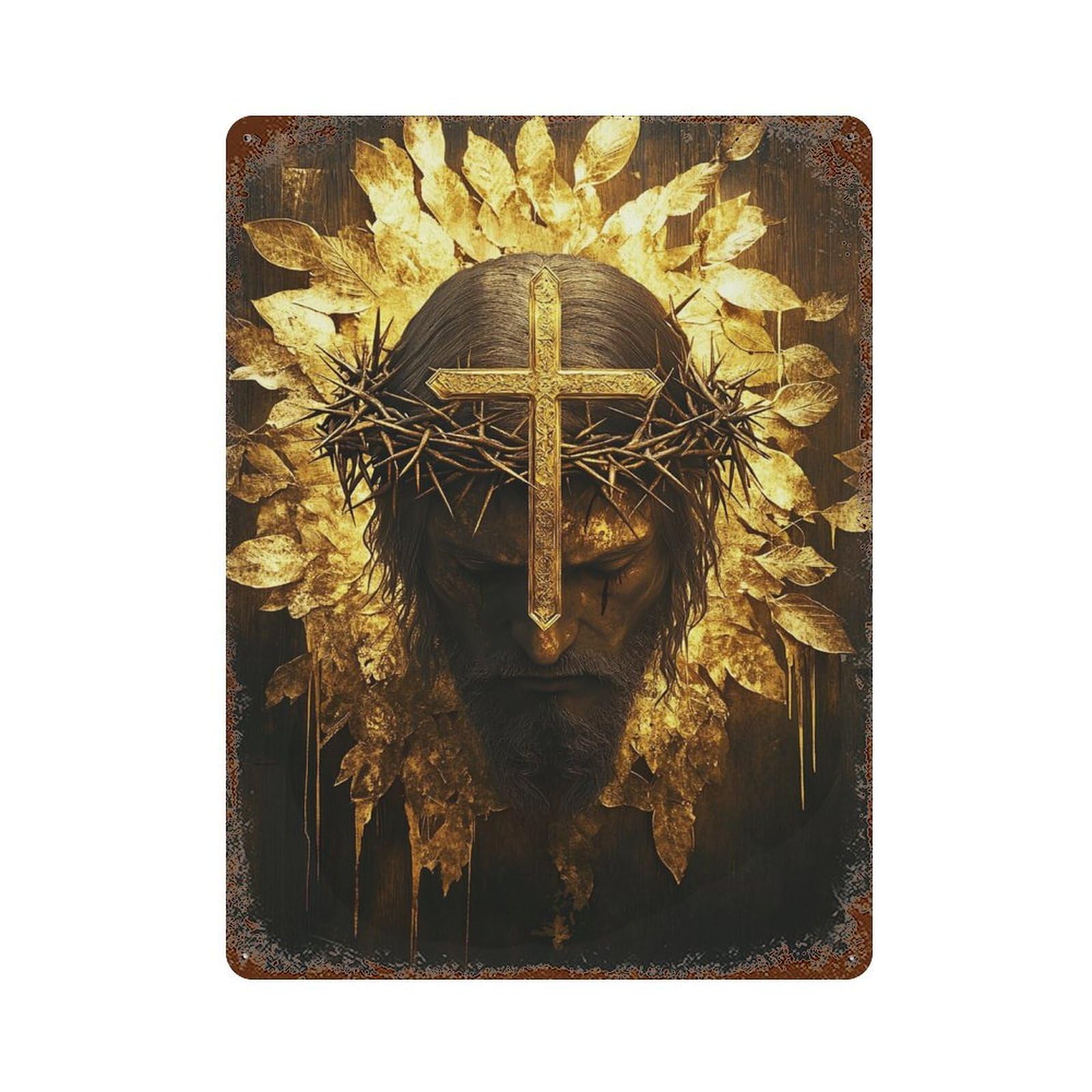 Distressed Metal Wall Sign Golden Crown of Thorns Art Print-3 15.7"x11.8", Old School Wall Decor for Bistro, Counter And Cafe Decor