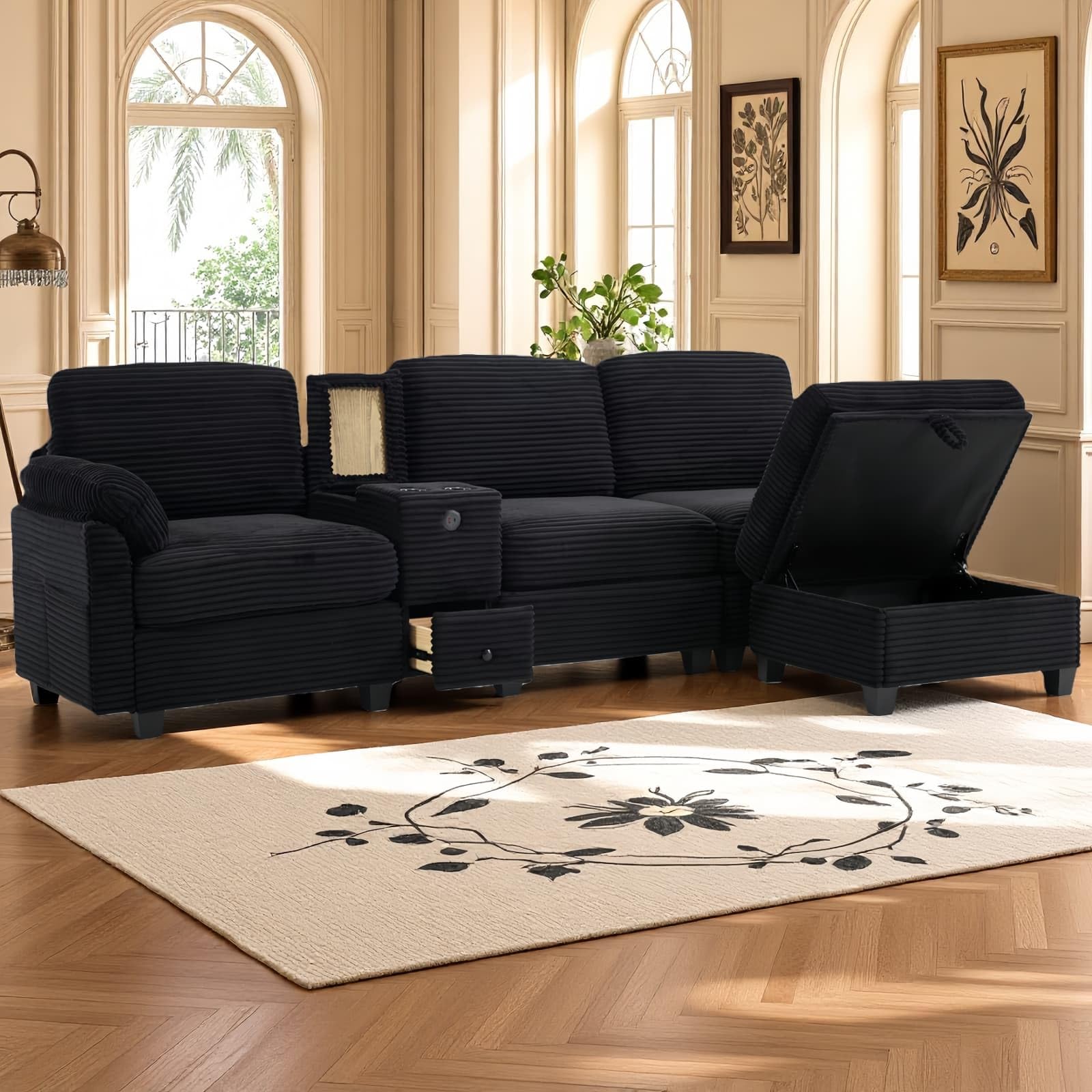 KOMHTOM Canapé d'angle confortable pour salon et bureau (Noir-B)  
KOMHTOM Canapé 3 places en velour côtelé avec taboure