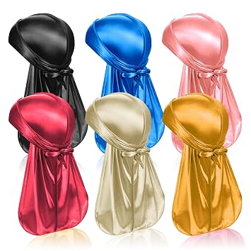 6PCS Silky Durags for Men,Women Silk Satin Dorag Headwraps,Wave Cap with Long Tail and Wide Strap