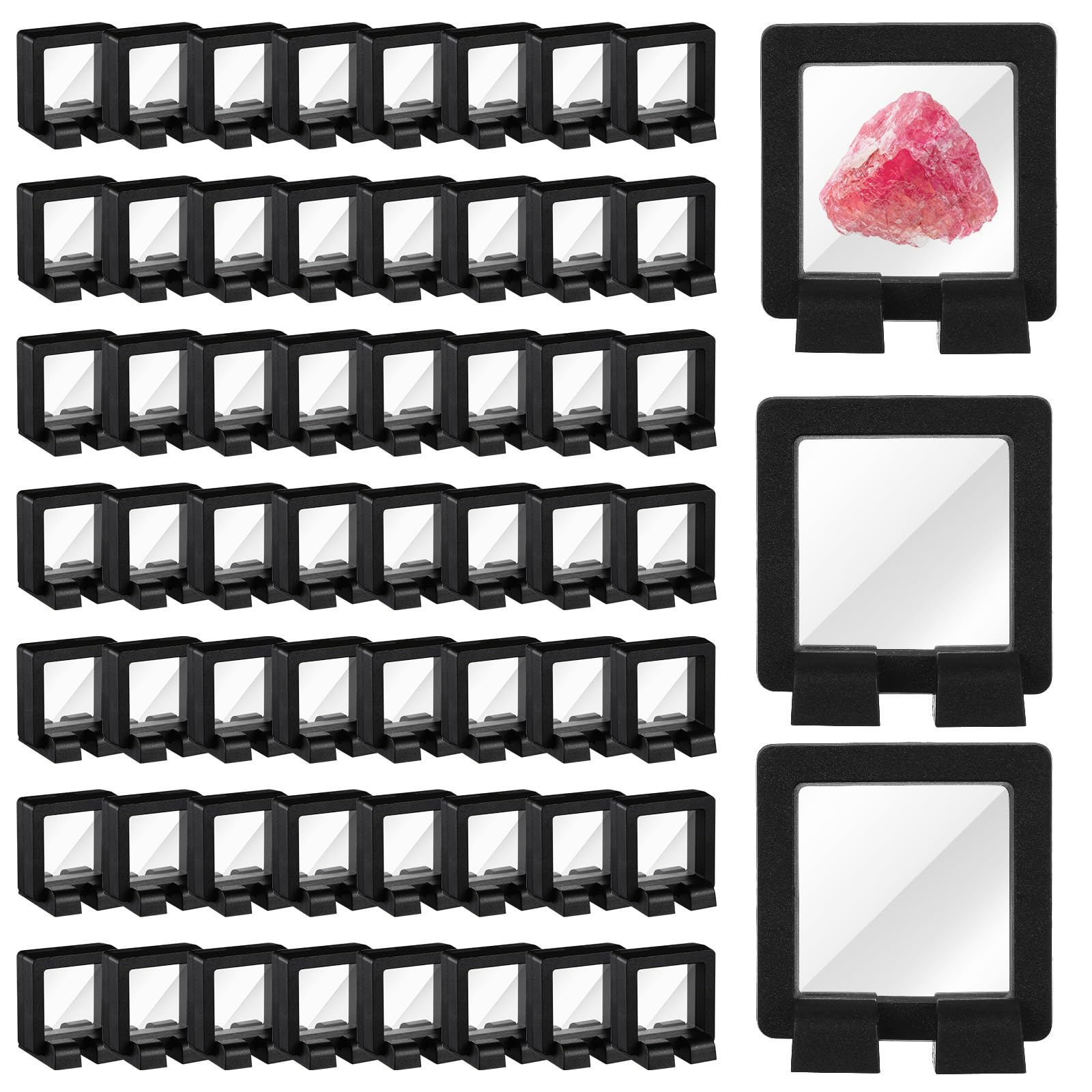 Tondiamo 60 Set 3D Floating Display Case Transparent PE Film Jewelry Storage Box Coins Frame Stand Holder for Guitar Pick Medallion Medals Gems Rocks Pins Chip (Black,1.97 x 1.97'')