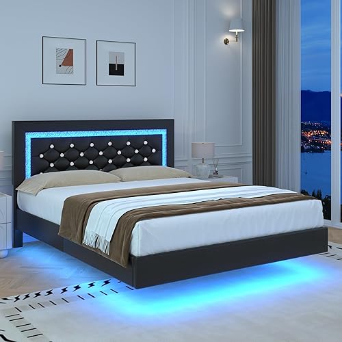 Miniatura 16 de BarnFurin Marco de cama flotante Full con luces LED, cama plataforma tapizada con cabecera capitonada de diamante, no necesita somier, sin ruido,