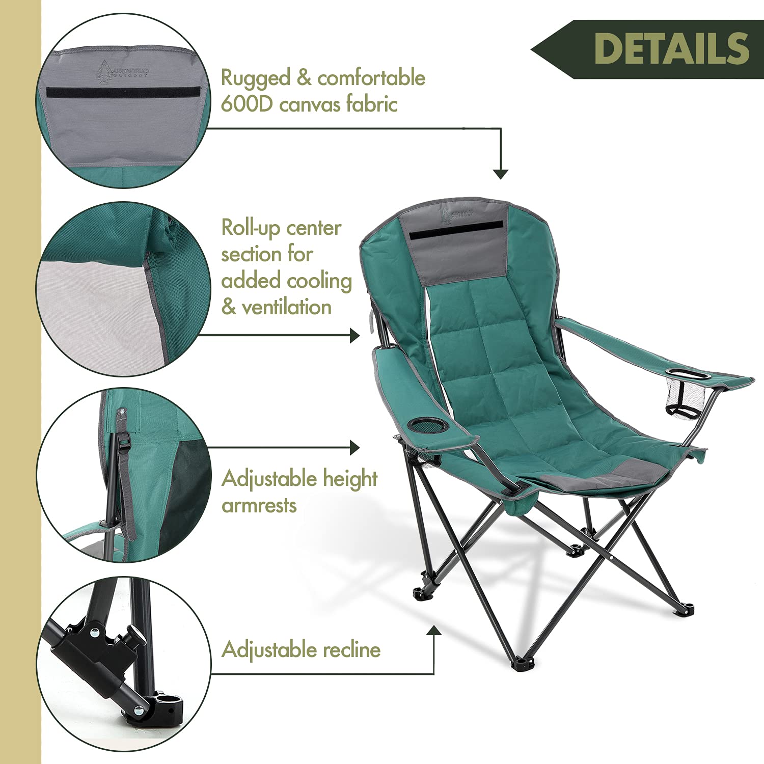 ARROWHEAD OUTDOOR Portable Folding Hybrid 2-in1 Camping Chair, Adjustable Recline, Vent, Padding, Cup Holder & Storage Pouch, Heavy-Duty, Oversize, Supports 300lbs, Includes Bag, USA-Based Support