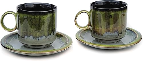 Miniatura 2 de Spark In Life - Tazas de café espresso de cerámica pintadas a mano de color verde, 4 onzas, juego de 2 tazas de porcelana y 2 platillos (verde)