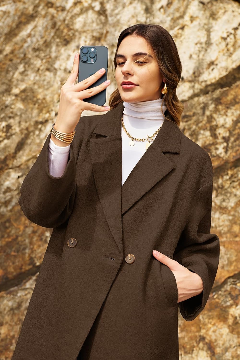 ELLEVEN Womens Long Winter Coat Wool Double Breasted Notch Lapel Peacoat Long Sleeve Trench Coat Casual Outfits with Pocket - Image 4