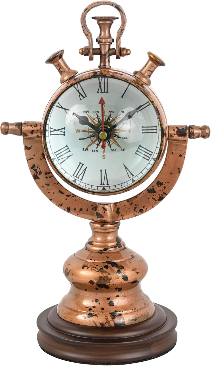 Vintage Nautical Copper Desk Clock | Antique Finish Table Clock with Compass Dial | Classic Roman Numeral Analog Clock for Home, Office & Gift Décor (Copper Patina)