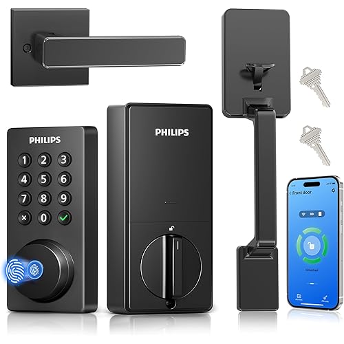 Philips Wi-Fi Smart Door Lock with Handle Set, Keypad Deadbolt for Front Door, Fingerprint Keyless Entry Door Lock with App Remote Control, IP53 Waterproof, Auto Lock, Security Easy Installation