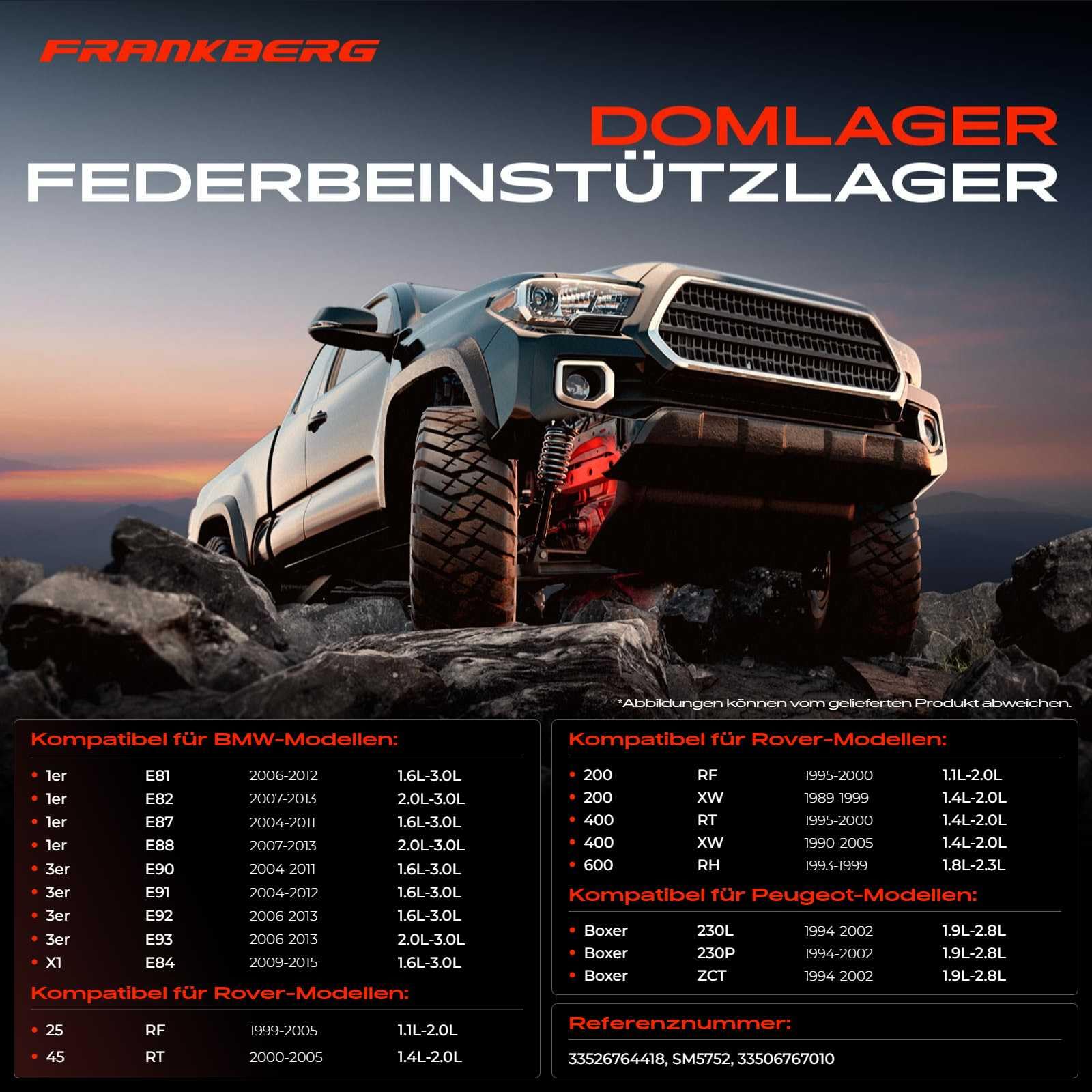 Frankberg 2x Domlager Federbeinstützlager Hinten links rechts Kompatibel mit 1er E81 E87 116 118 120 123 130 3er E90 316 318 320 323 325 335 330 Replace# 33506767010