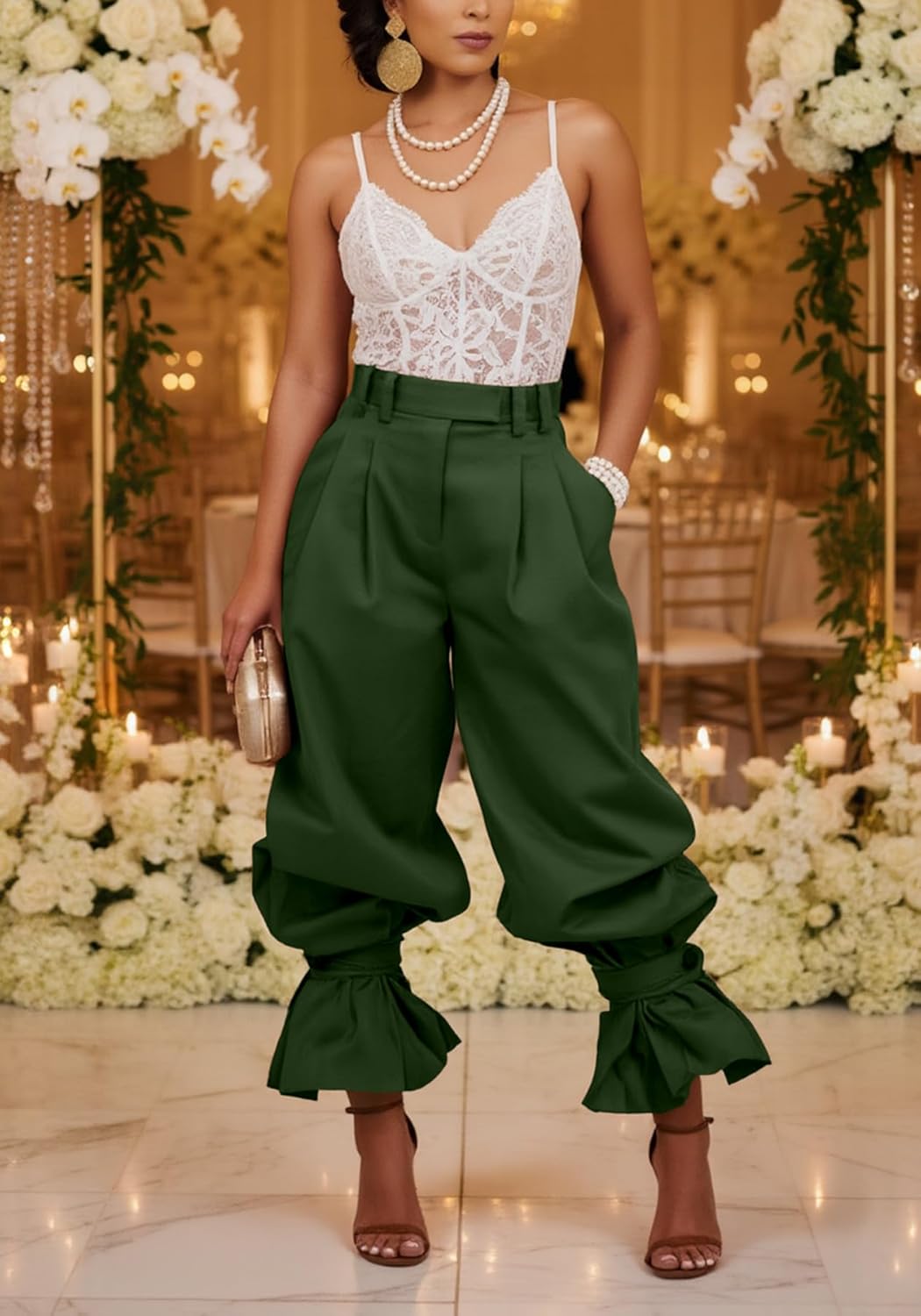 LETSVDO Women Wide Leg Dress Pants High Waist Paper Bag Ruffle Lantern Barrel Slacks Casual Work Business Cropped Trousers
