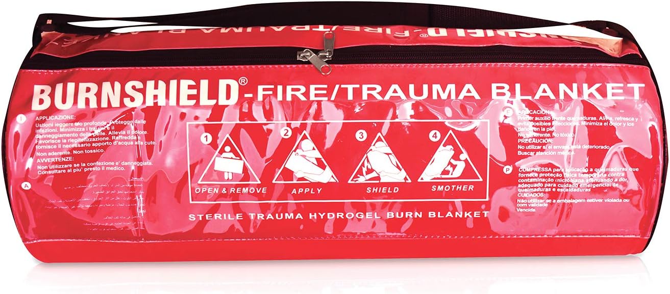 Burnshield Wool Sterile Burn Fire Hydrogel Soaked 5’ x 6’ Trauma Survival Blanket Dressing in Shoulder Barrel Bag