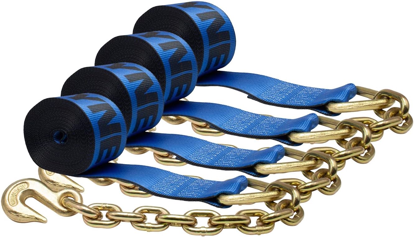 Mytee Products (4 Pack 4" x30' Kinedyne Winch Strap w/Chain Anchor - WLL 5400 lbs Heavy Duty Blue 4 Inch Tie Down Straps w/Hook for Flatbed Trailer Truck - Cargo Control Equipment