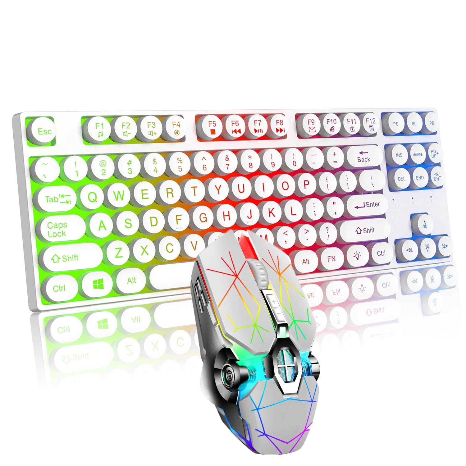 Mechanical Feel Gaming Keyboard and Mouse Combo, 87 Key Retro Punk Typewriter-Style,Rainbow Backlit Keyboard,Cool Breathing Light Lightweight Gaming Mouse for Game and Office-White