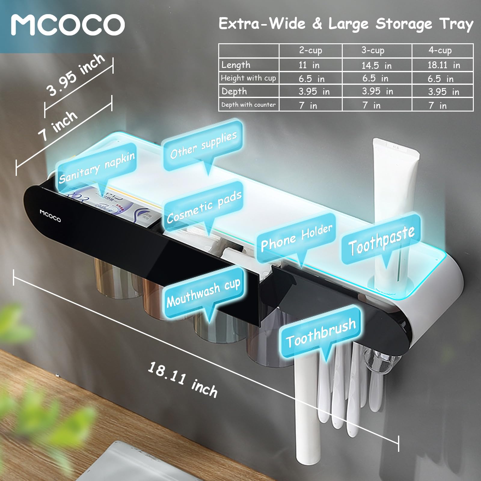 Soporte magnético para cepillos de dientes para baño, soporte magnético para cepillos de dientes con bandeja de gran capacidad y cajón para cepillos de dientes, 4 tazas, color gris