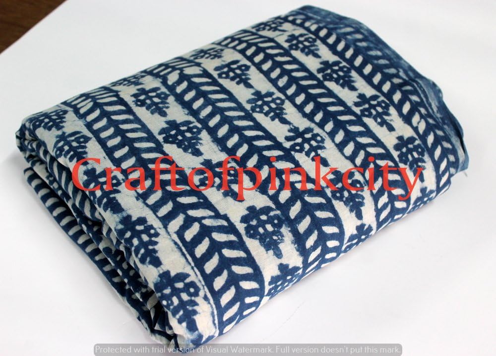 Worldoftextile Pure Cotton Fabric Sanganeri Polka Dot Hand Block Print Fabric Indian Indigo Blue Fabric 2.5 Meter