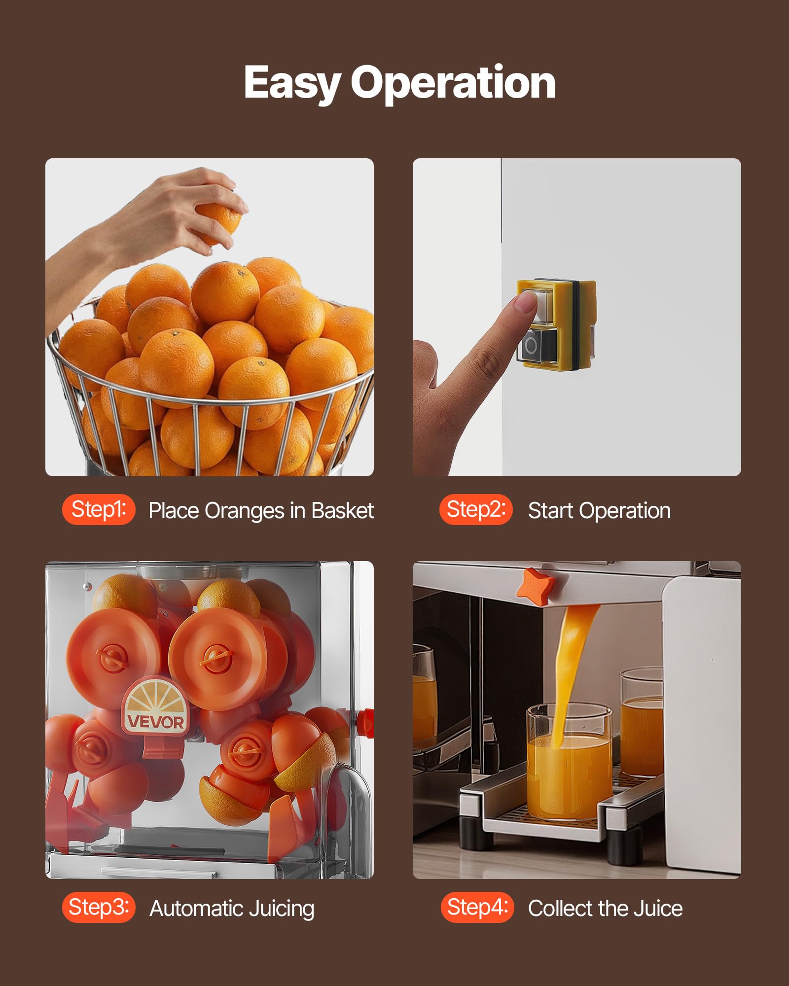 VEVOR Máquina Exprimidora Automática de Naranjas Comercial 120 W Eléctrico, De Acero Inoxidable y PC, Con 2 Recipientes, Capacidad para Hasta 20 Naranjas por Minuto, Para Limones y Cítricos 55-80 mm