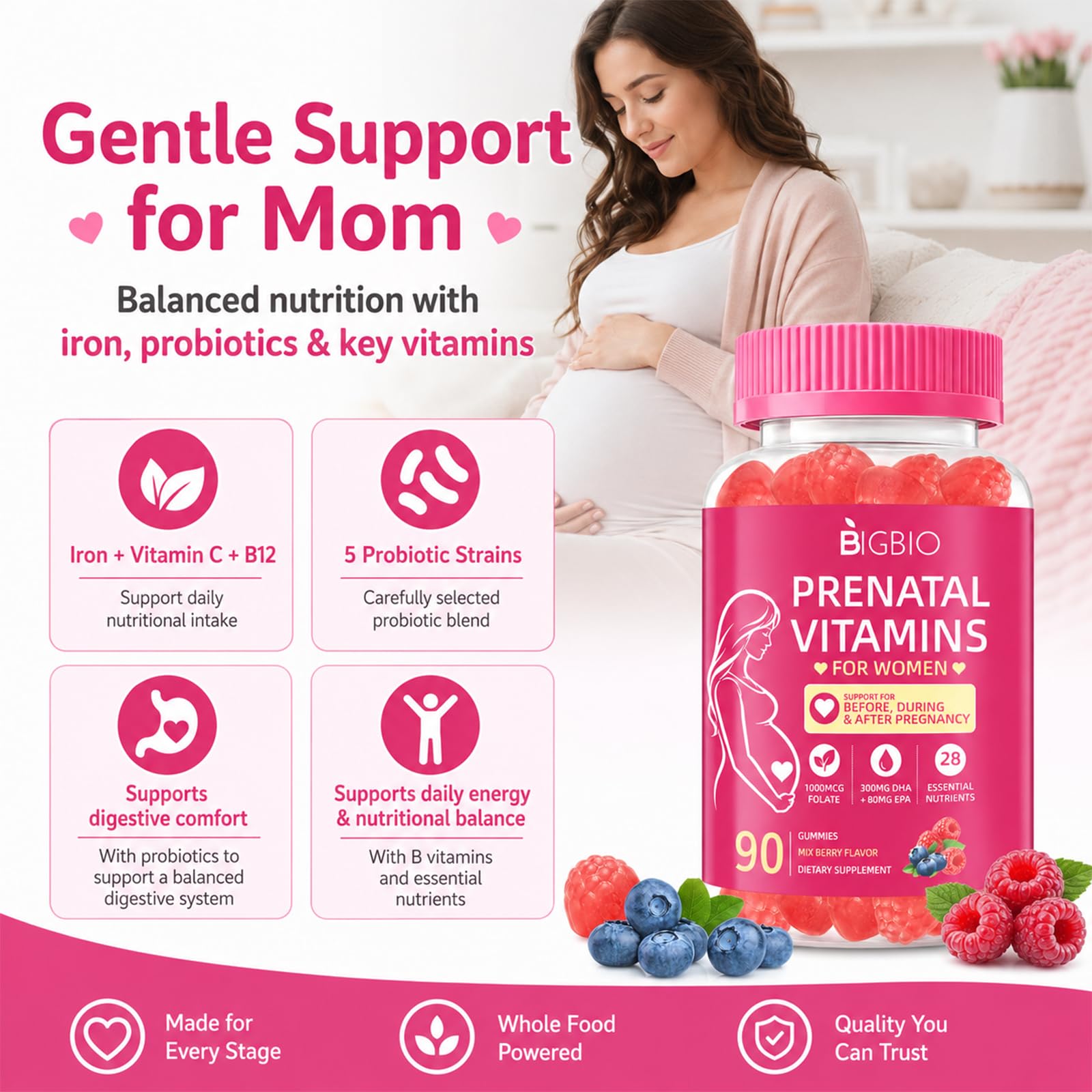Prenatal Vitamins for Women Gummies, Methylfolate 1mg, Choline, Omega 3 DHA EPA, Iron, Probiotics & B Complex, Postnatal Vitamins for Breastfeeding, Sugar Free Vegan, Mixed Berry, 90 Count — Amazon image 9