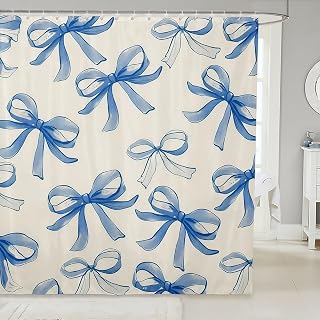 Feelyou Blue Bow Fabric 72x72 Inches Bathroom Kids Boys Girls | Shower Curtain Blue White Bowknot Shower Curtain Cute Bowknot Princess Waterproof Accessories with 12 Hooks Ribbon Bow