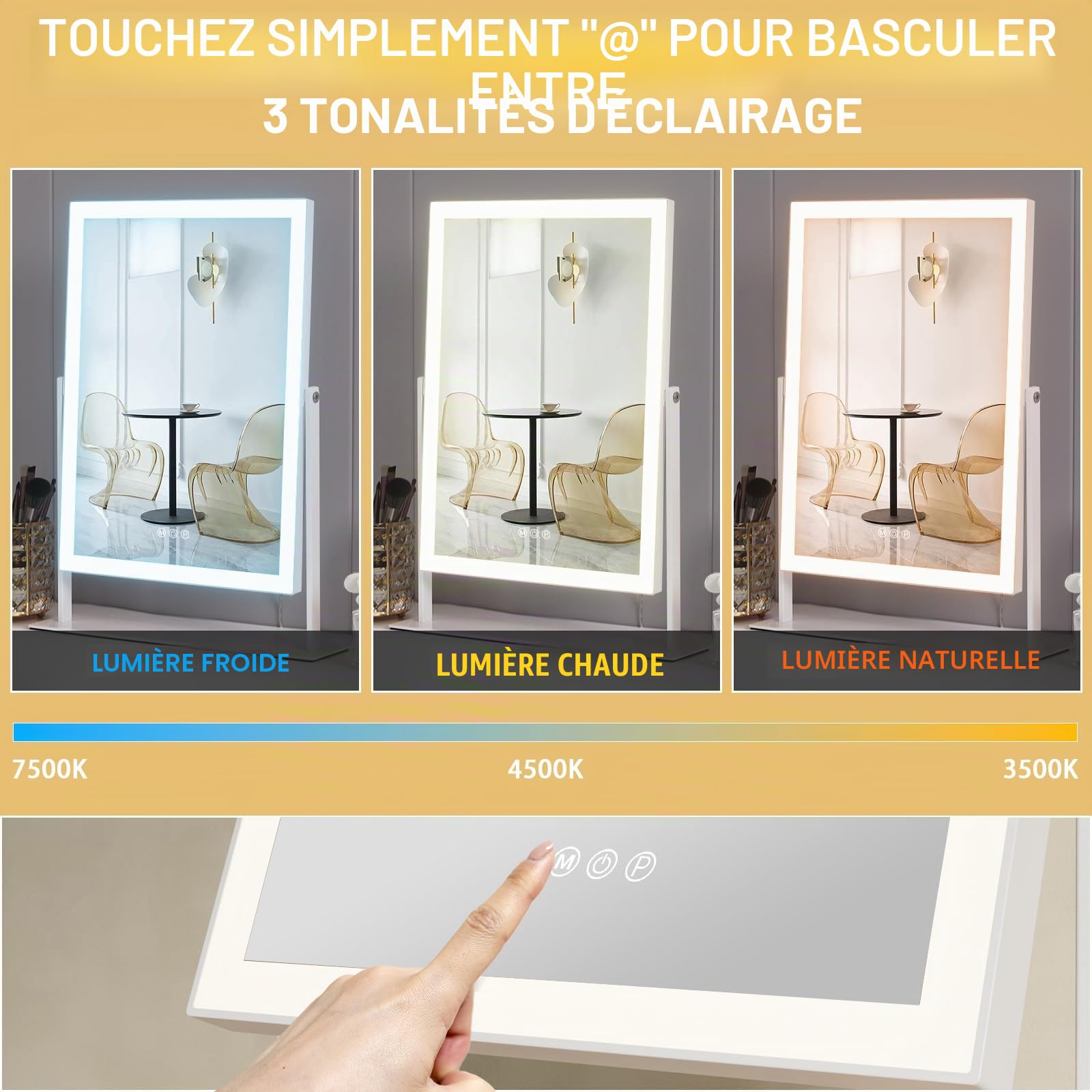 FENCHILIN Hollywood - Miroir de Maquillage à 3 Couleurs, réglable, avec éclairage, contrôle Smart Touch, avec éclairage, Rotation à 360°, 10 grossissements, 30 x 41 cm