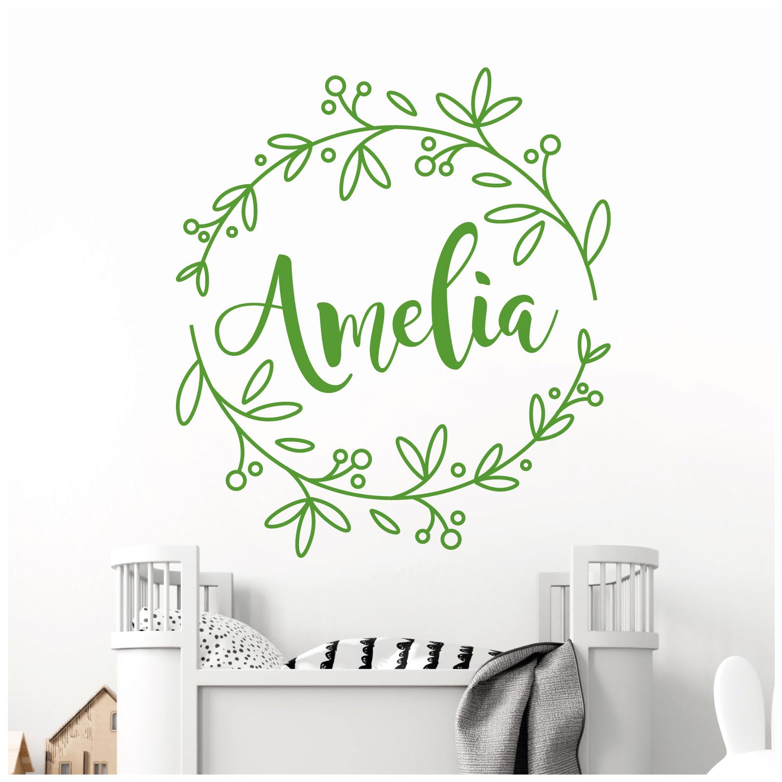 Personalised Name - Floral Wreath - Nursery Vinyl Wall Decal Sticker [Large] [Grass]