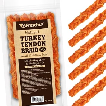AFreschi Turkey Tendon Dog Treats, Braid Medium, 6 Count | Rawhide-Free, All-Natural, USA-Sourced, Long-Lasting, Limited-Ingredient, Healthy Dog Treats, Training & Reward