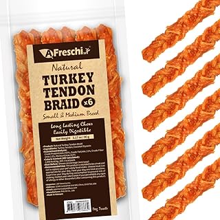 A Freschi srl Turkey Tendons for Dogs, USA-Sourced, Healthy Dog Treats, Rawhide-Free Puppy Chews, Long Lasting, All Natural, Hypoallergenic Dog Treats for Medium Breeds, 6 Count Pack Braid (M)